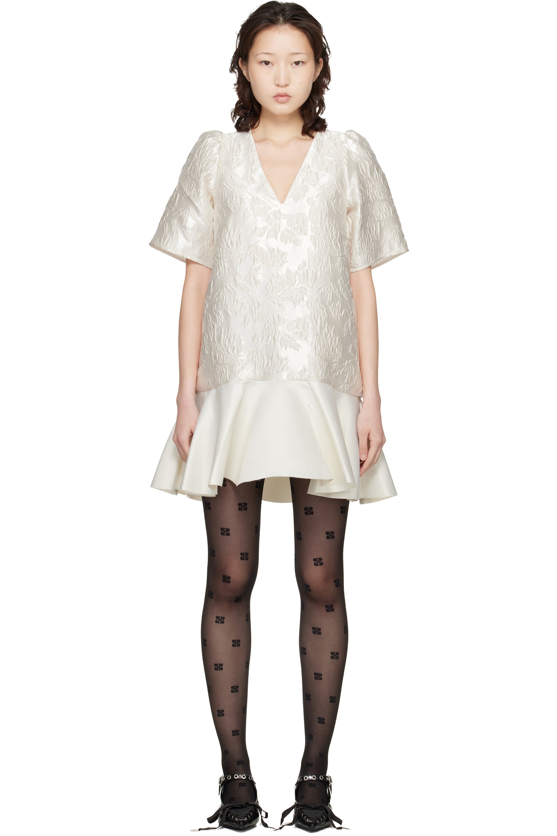 GANNI - Robe courte blanc cassé en en satinette cloqué