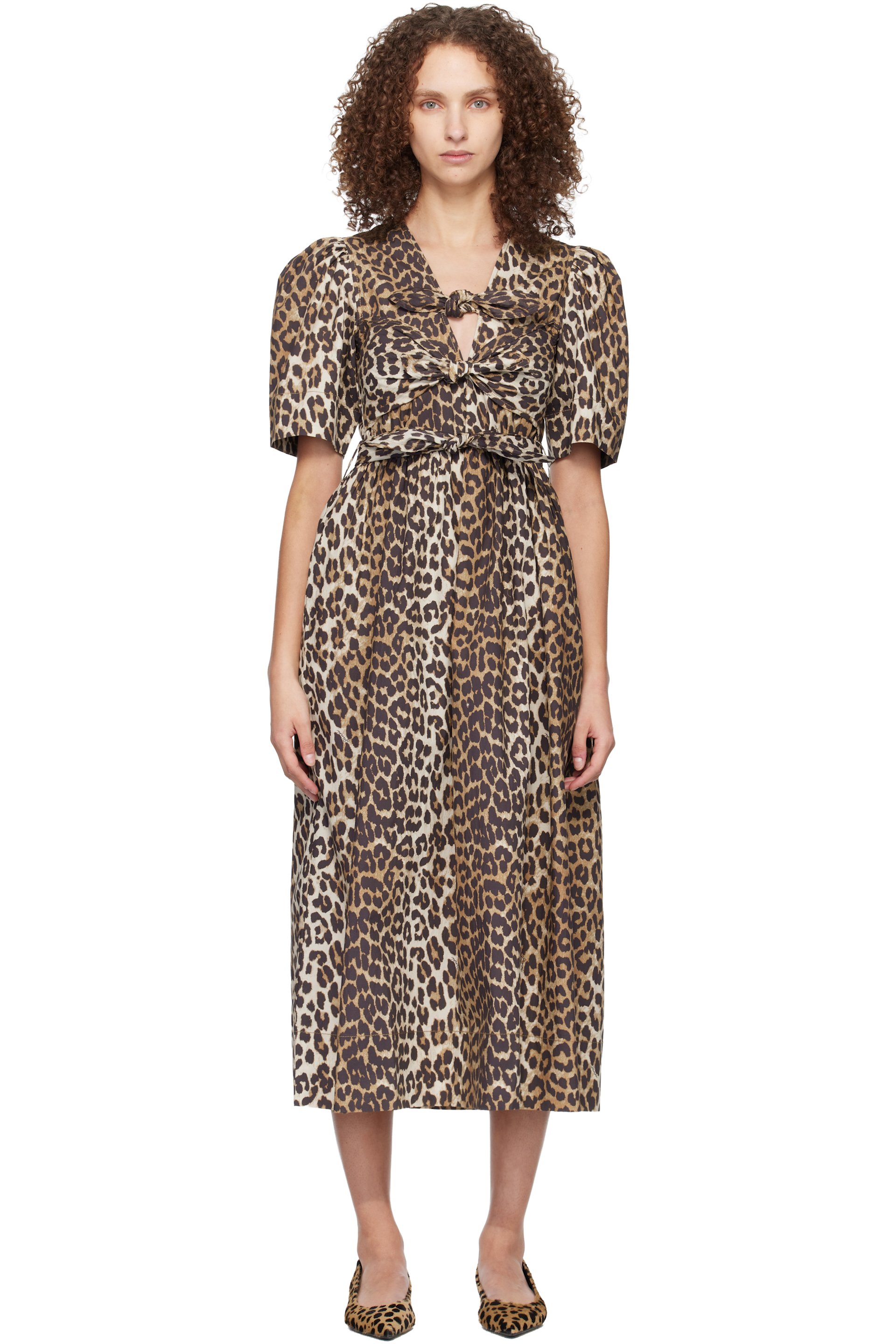 GANNI - Robe midi brun et noir en coton à motif léopard imprimé