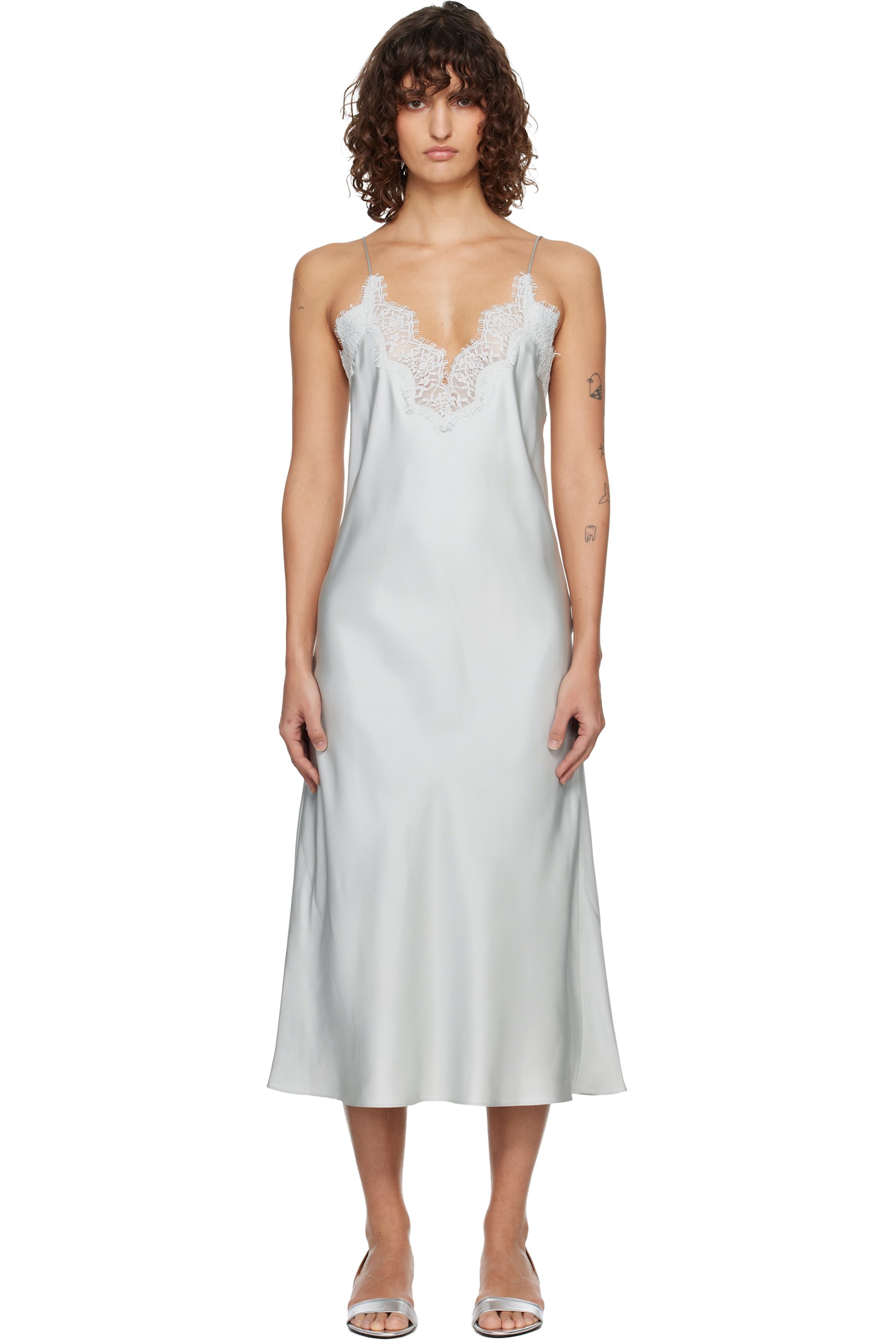 Róhe - Robe midi à enfiler bleue en soie à garniture en dentelle