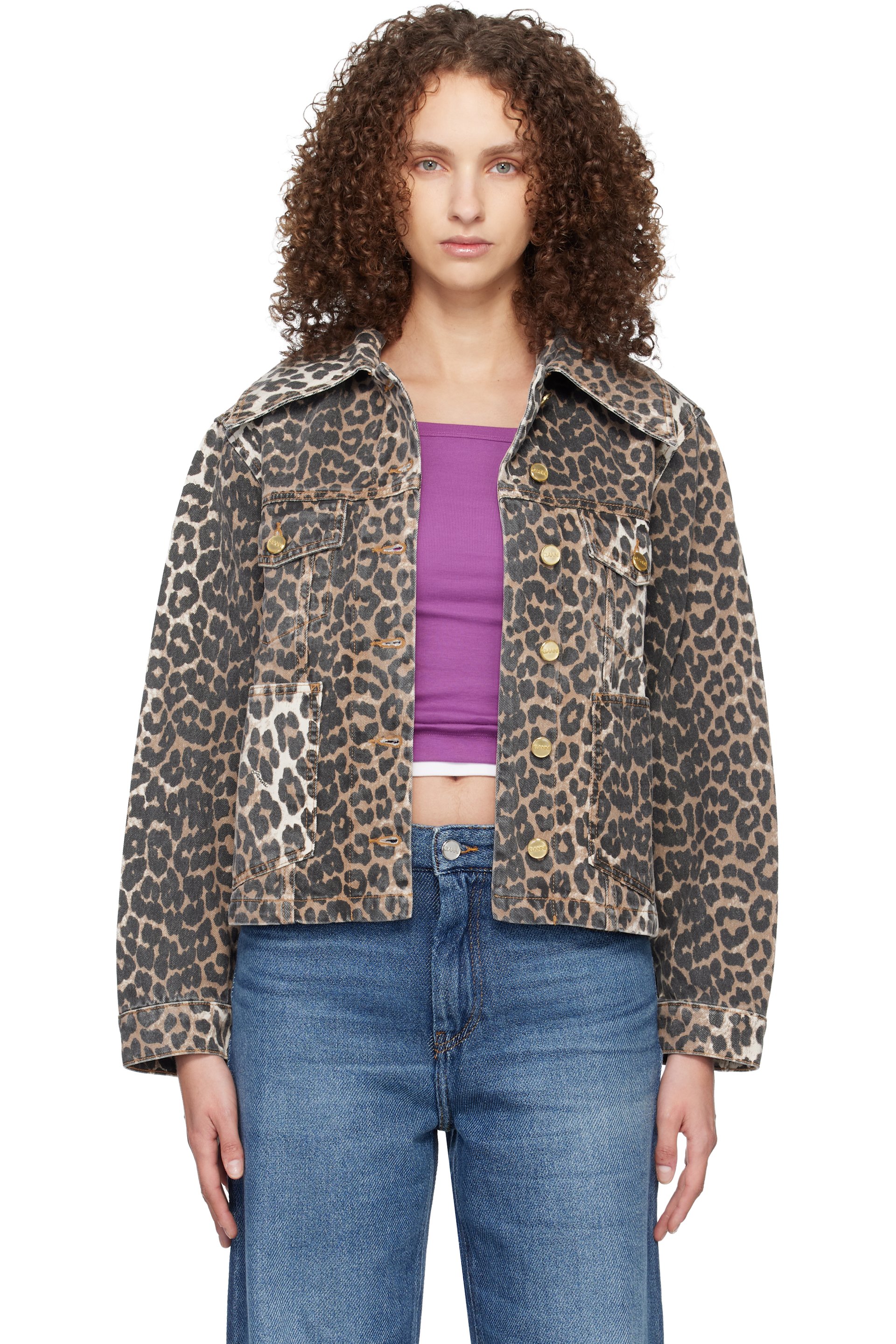 GANNI - Brown & Black Leopard Denim Jacket