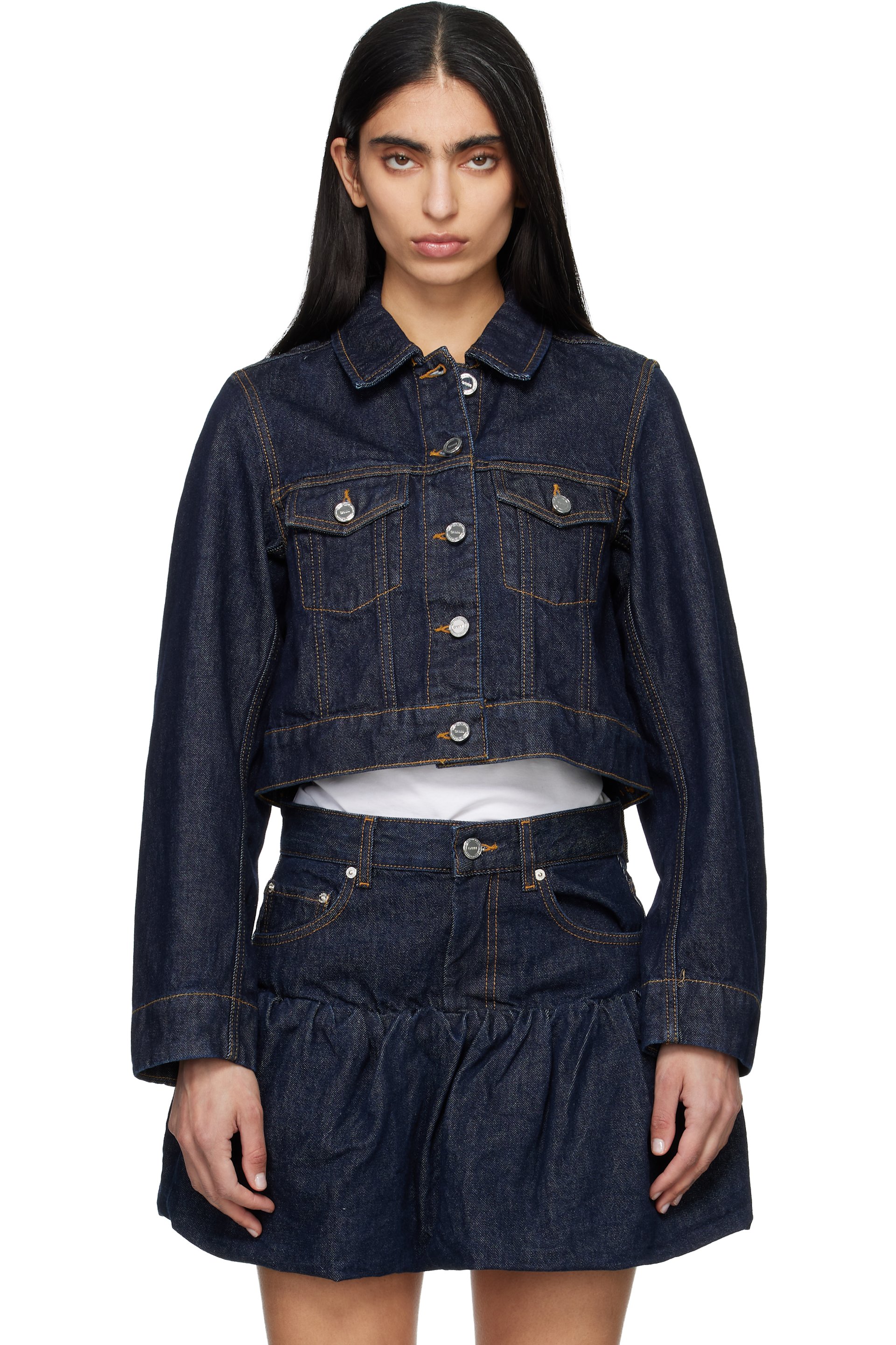 GANNI - Navy Cropped Denim Jacket