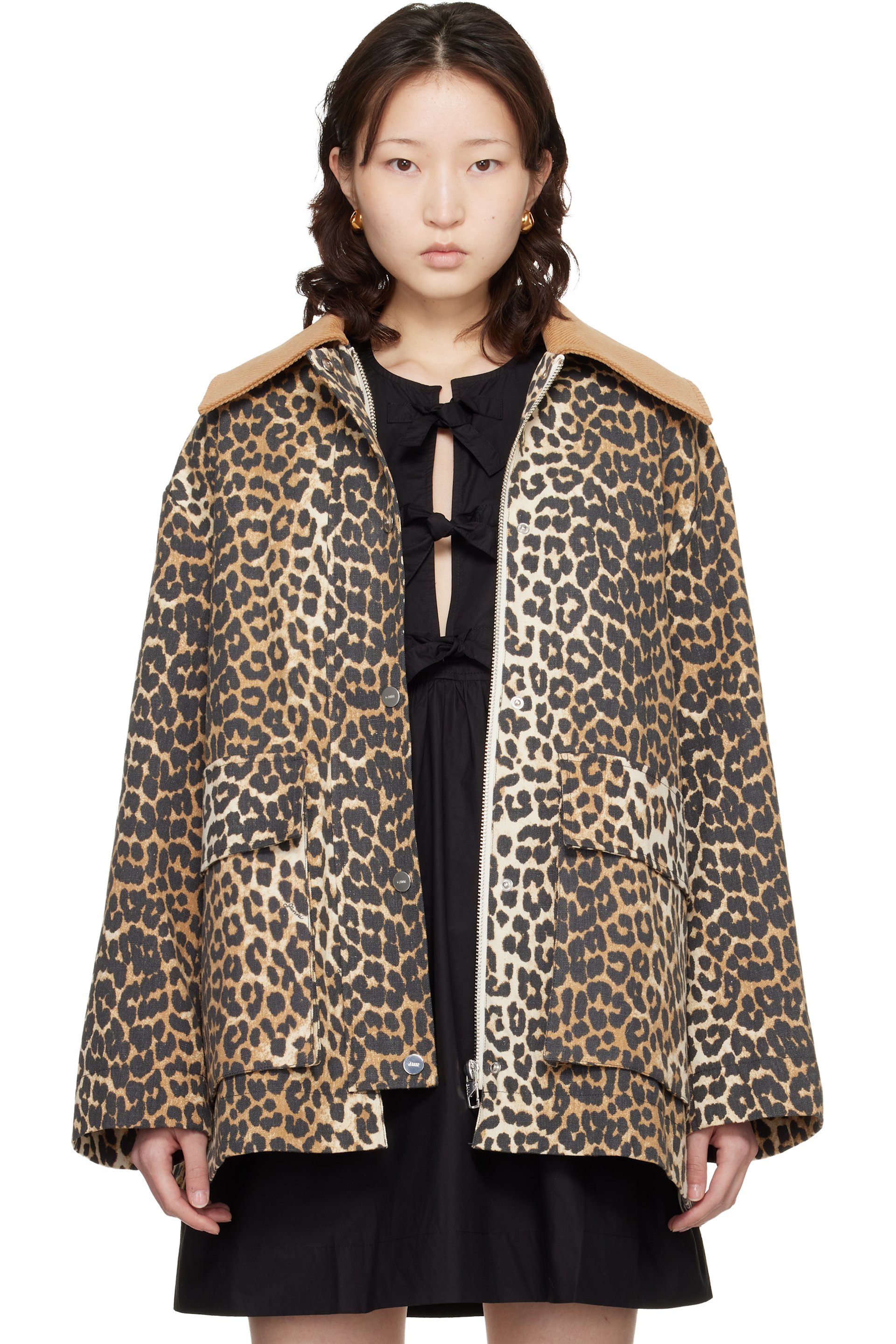GANNI - Blouson midi beige en canevas à motif léopard imprimé