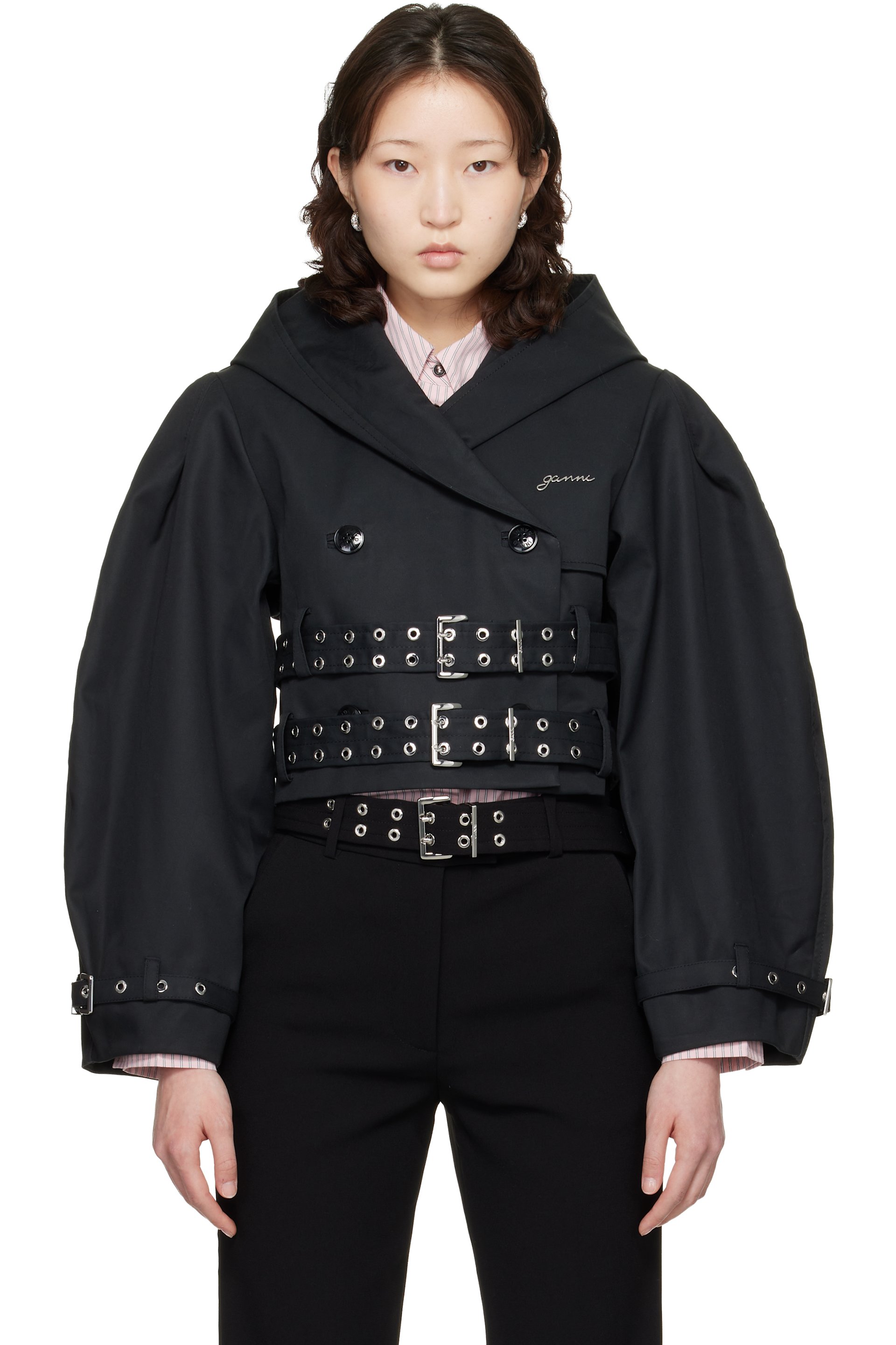 GANNI - Blouson de style trench court noir en coton