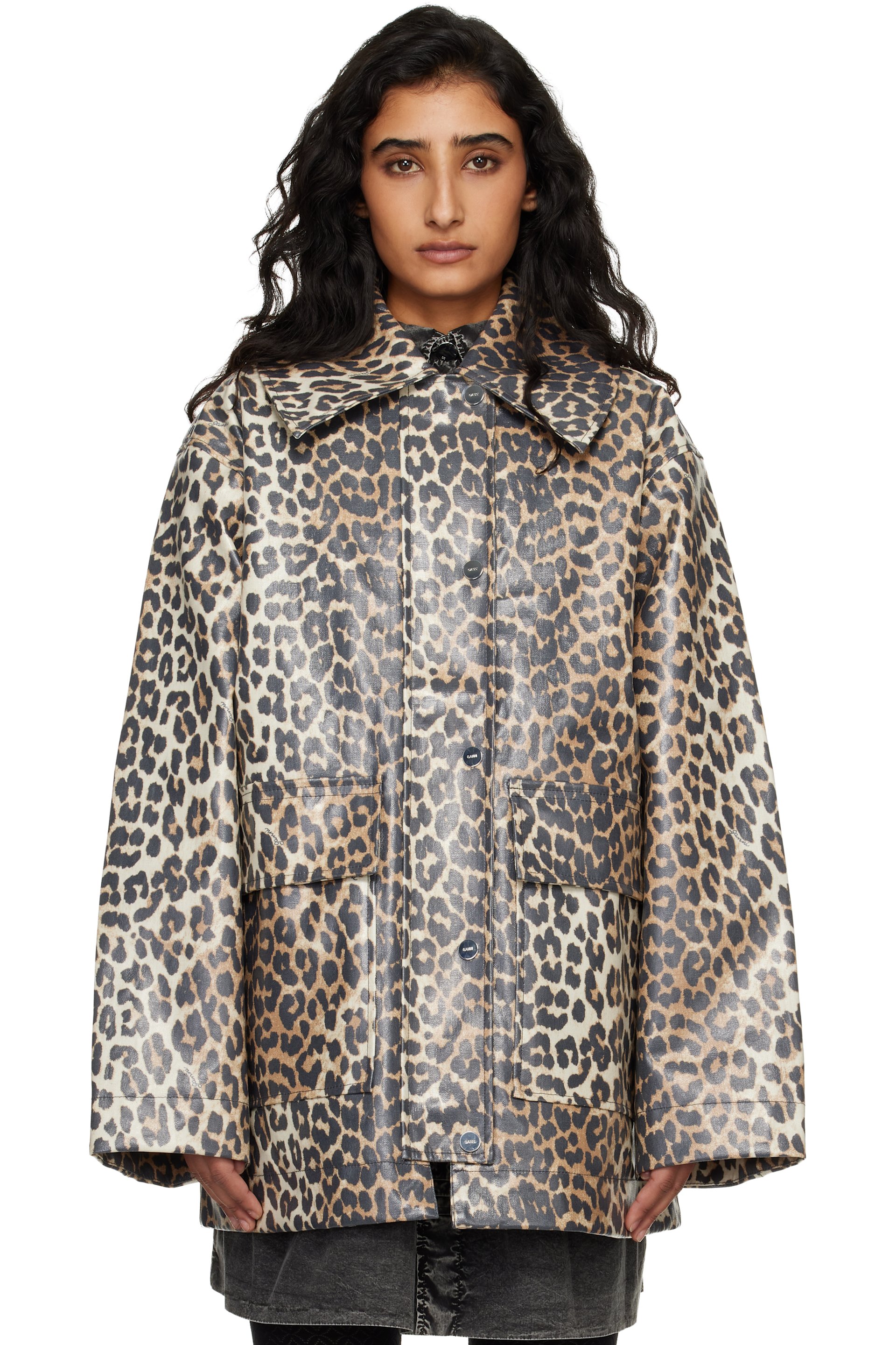 GANNI: Beige Leopard Laminated Cotton Jacket | SSENSE