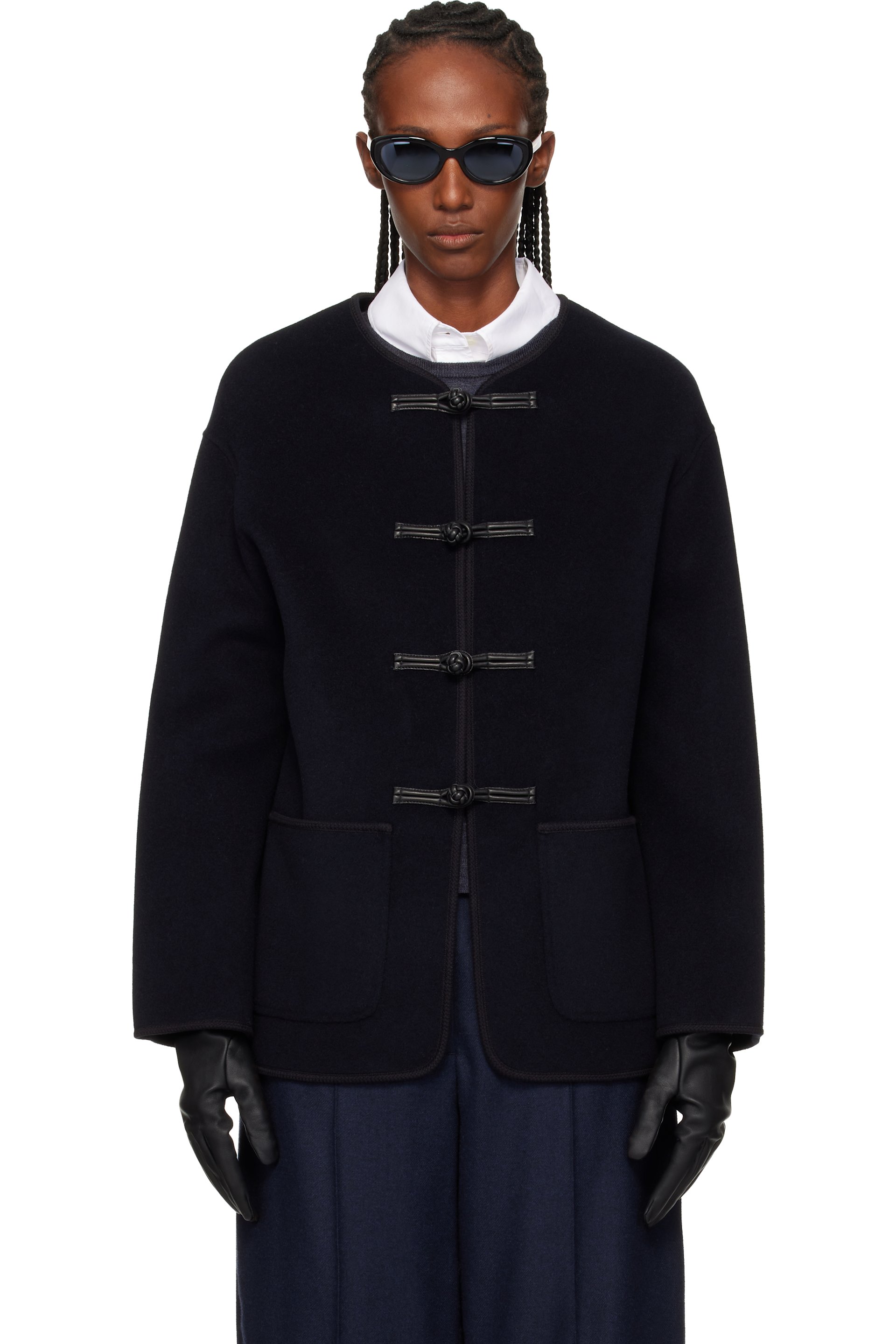 Róhe - Blouson bleu marine en popeline double face de laine