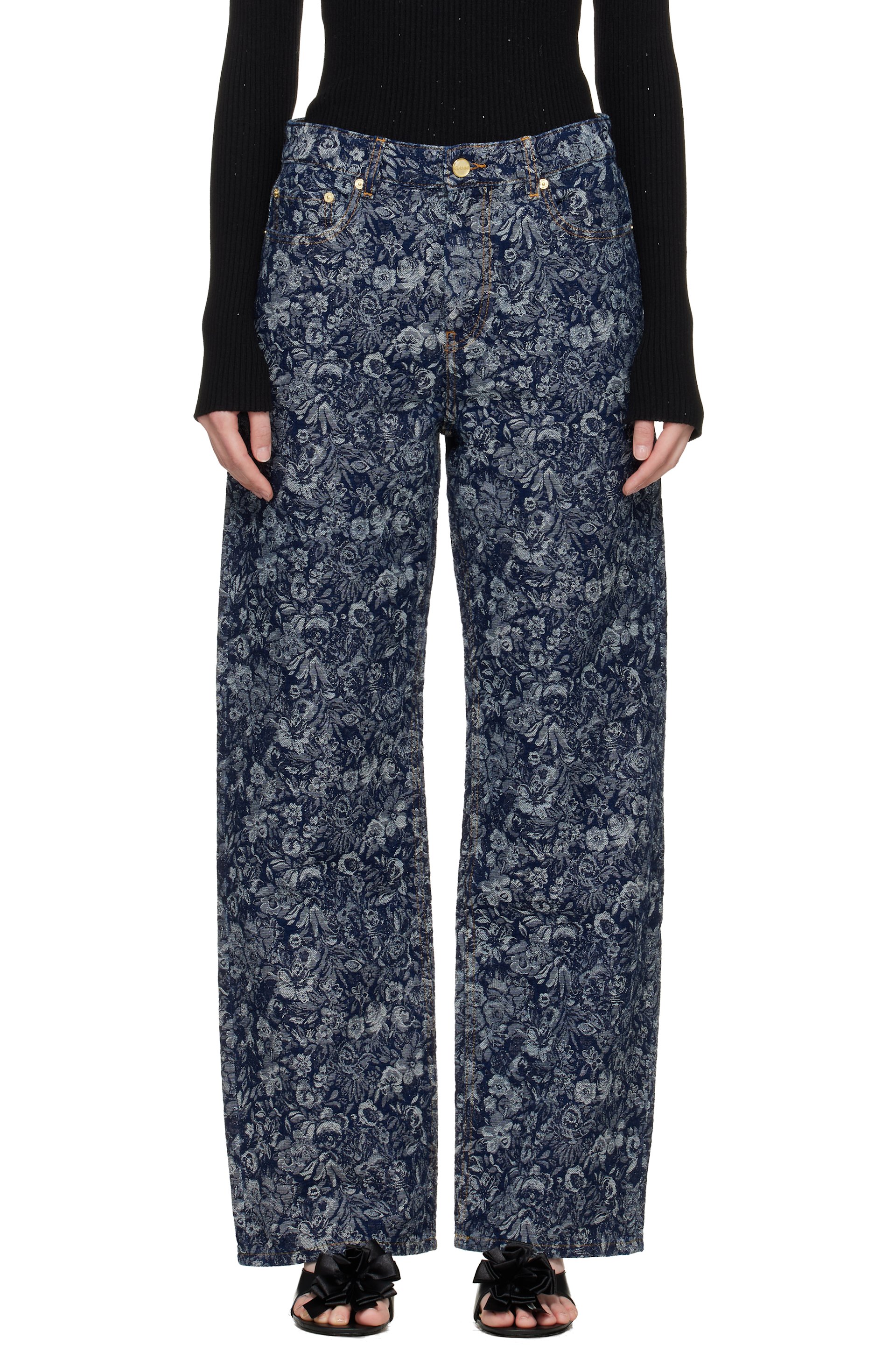 GANNI - Jean droit Izey bleu à motif fleuri