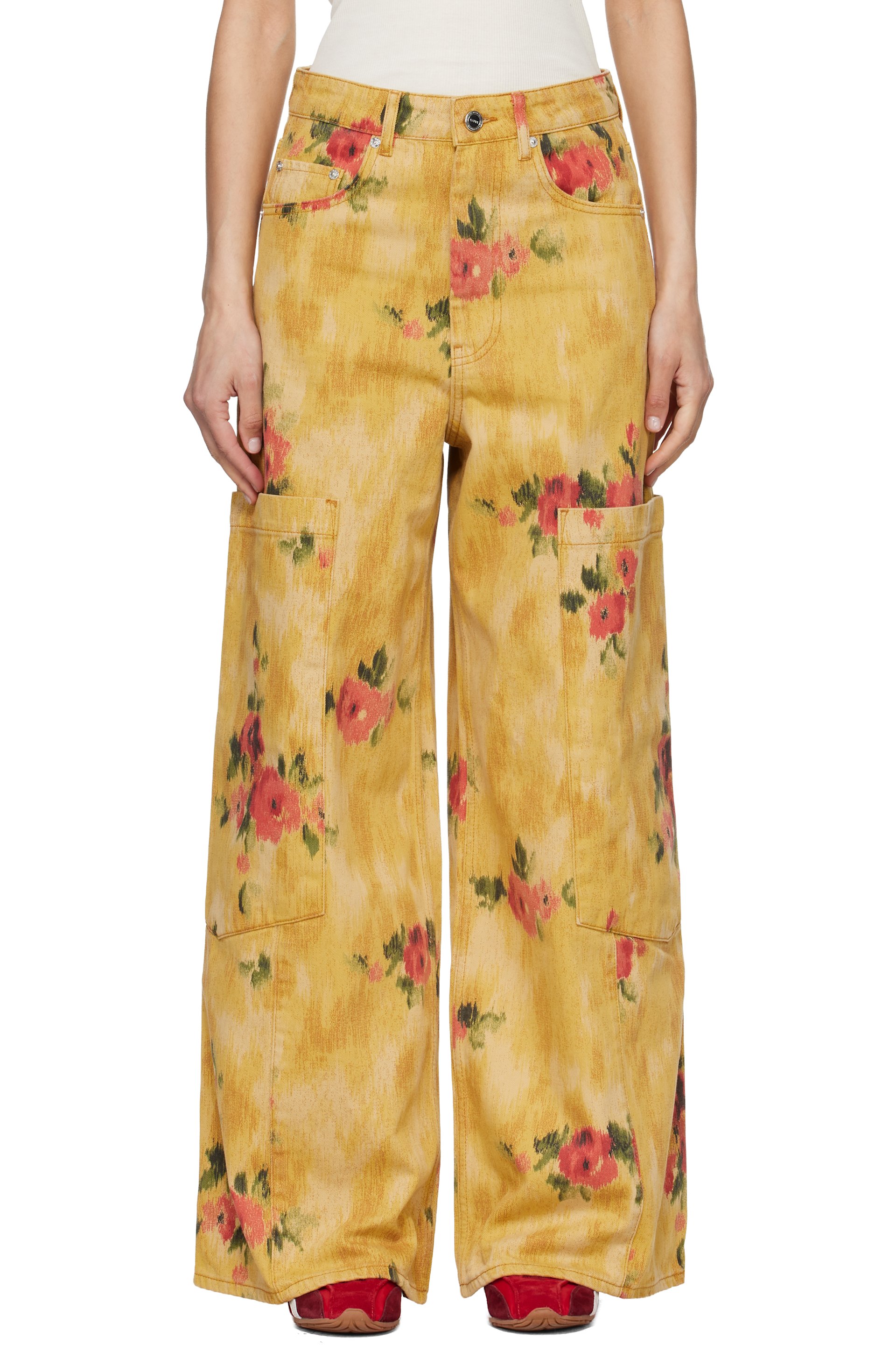 GANNI - Yellow Printed Baggy Cargo Jeans