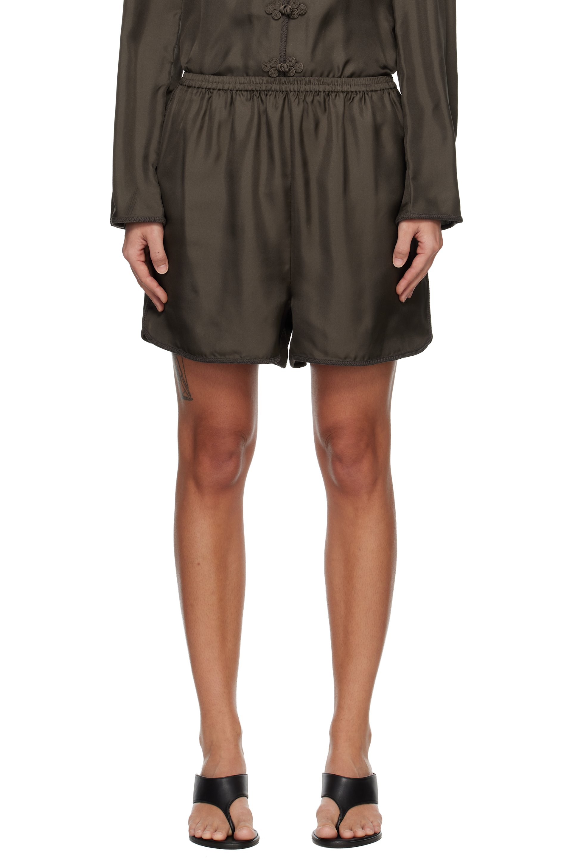 Róhe - Brown Taped Silk Shorts