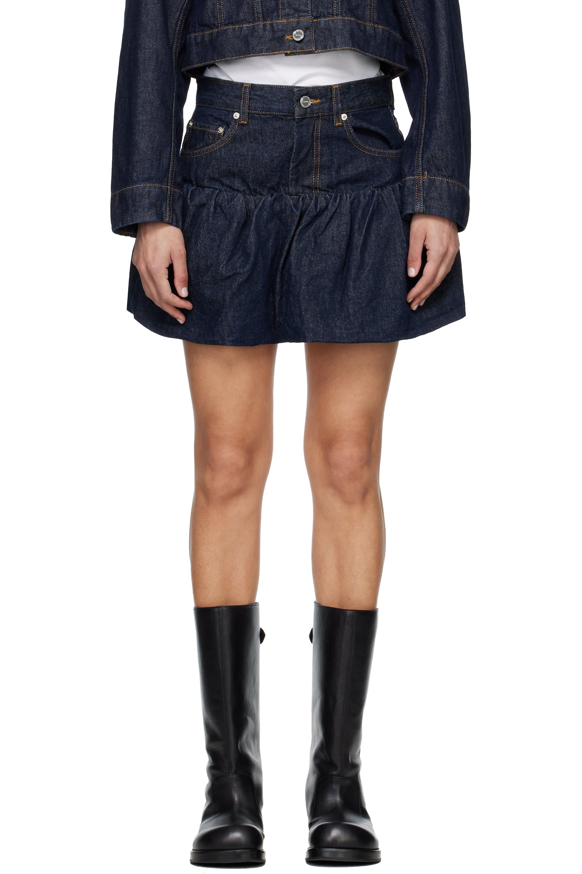 GANNI - Navy Gathered Denim Miniskirt