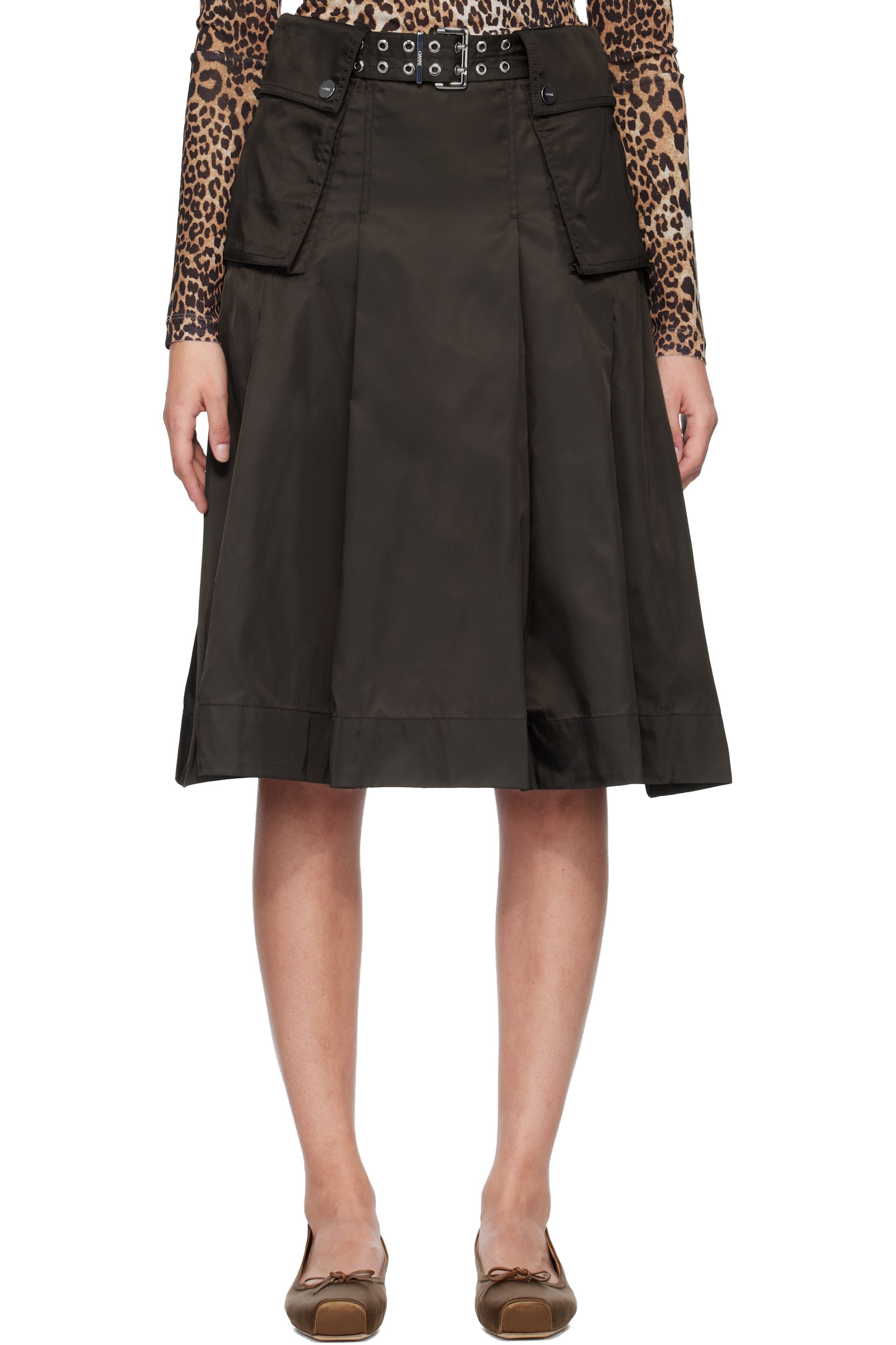 GANNI - Jupe midi brune en satin duchesse de nylon à plis
