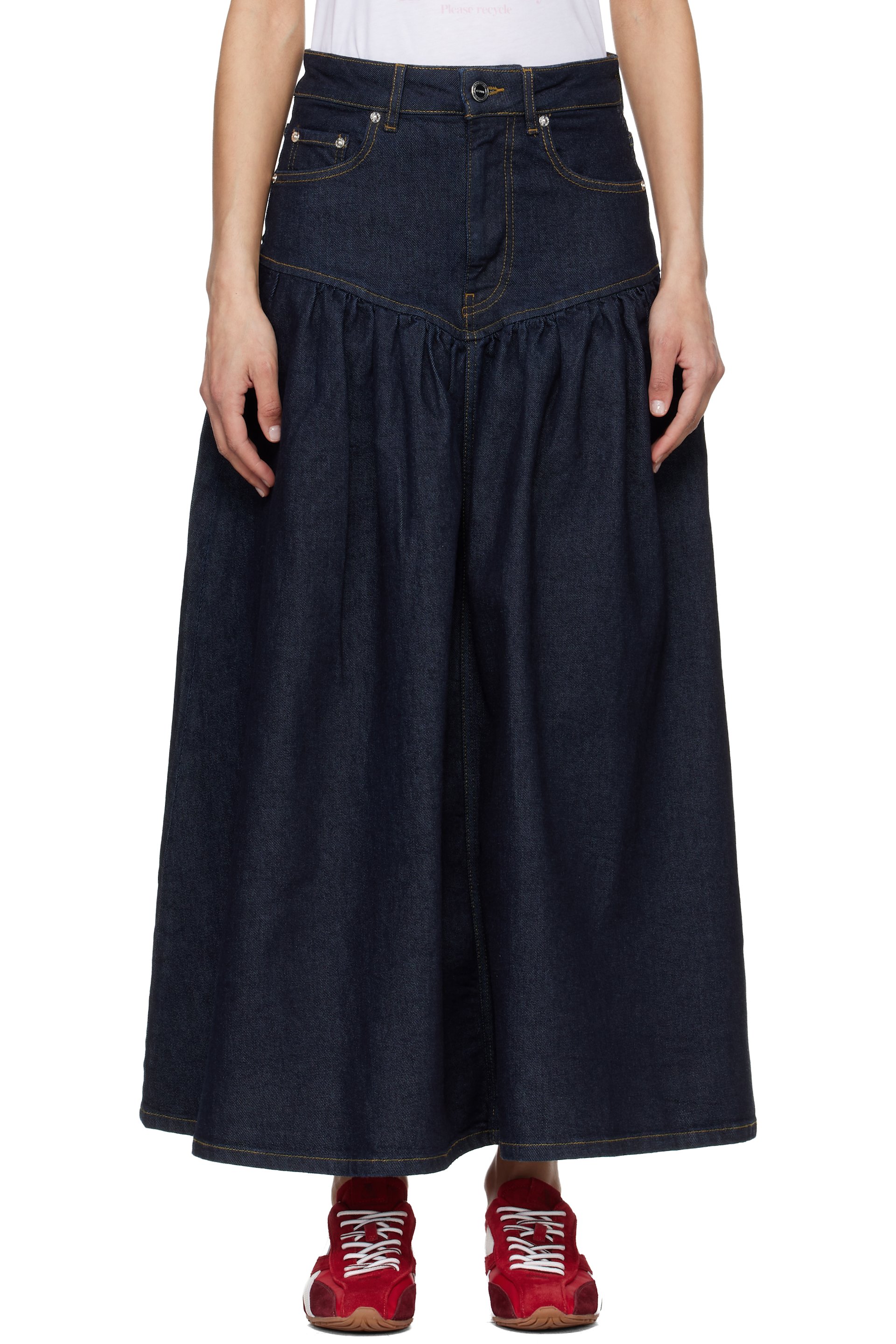 GANNI - Navy Stretch Denim Midi Skirt