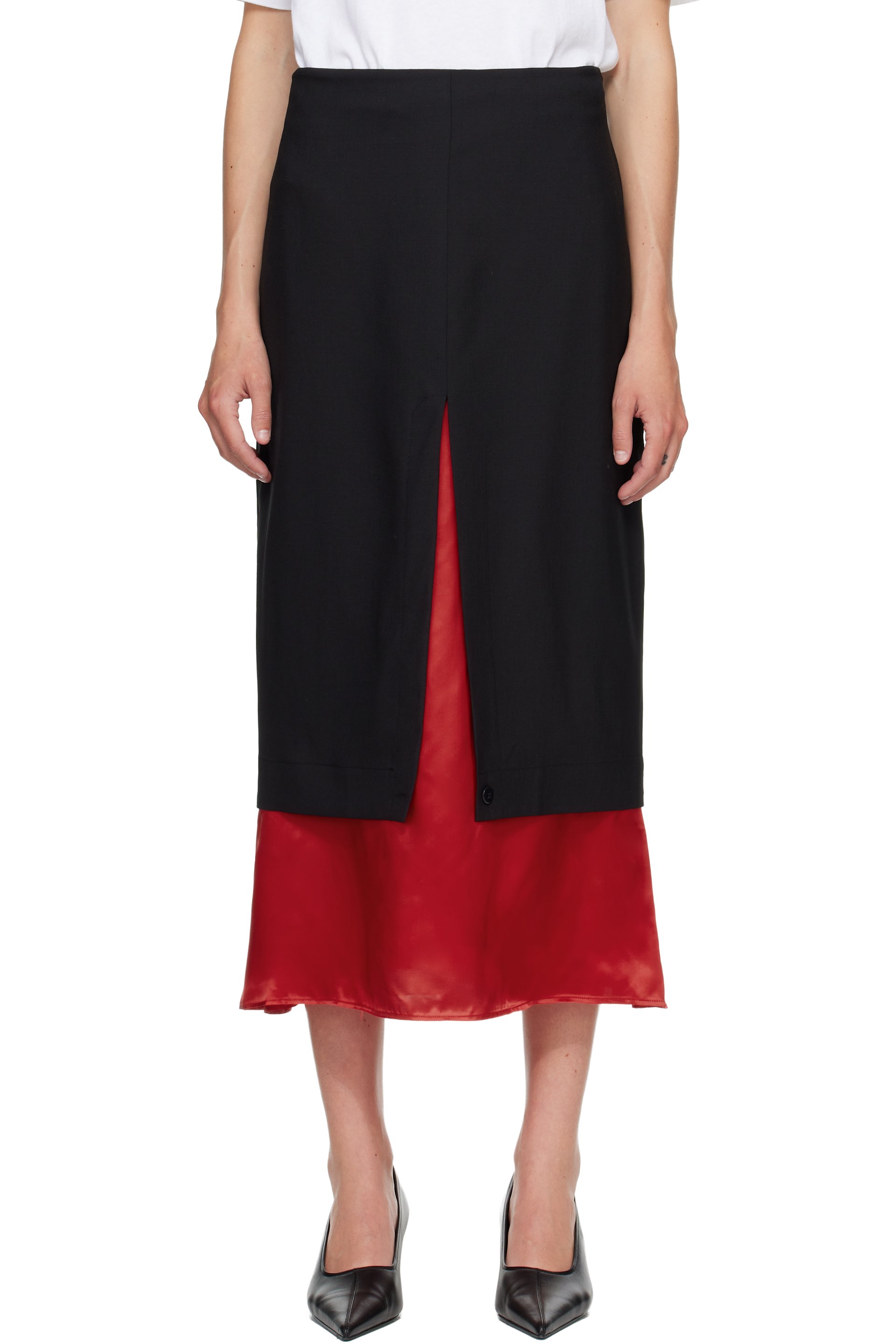 Róhe - Jupe midi contrastée noir et rouge à assemblage inversé