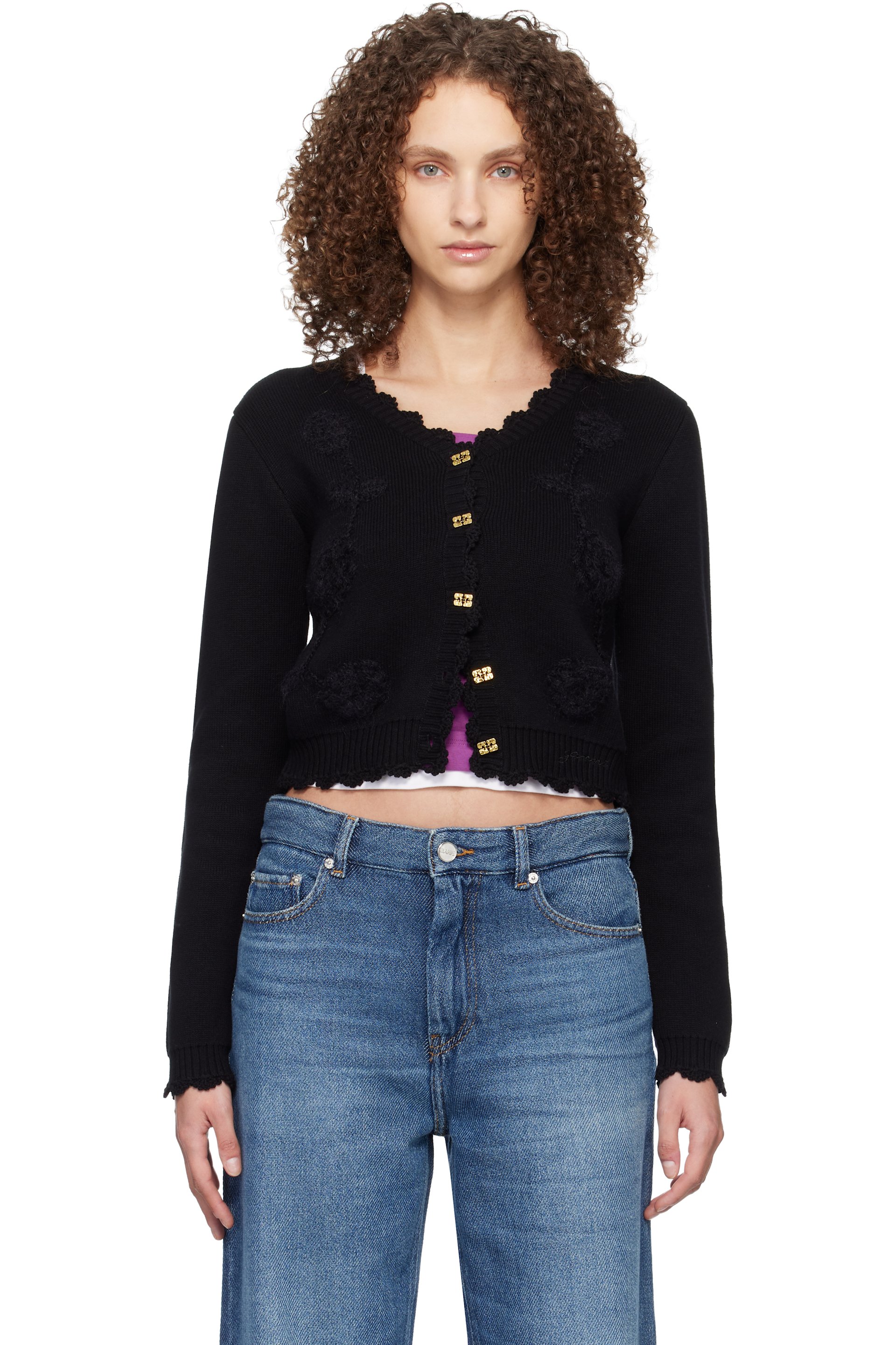 GANNI - Cardigan noir à appliqués crochetés