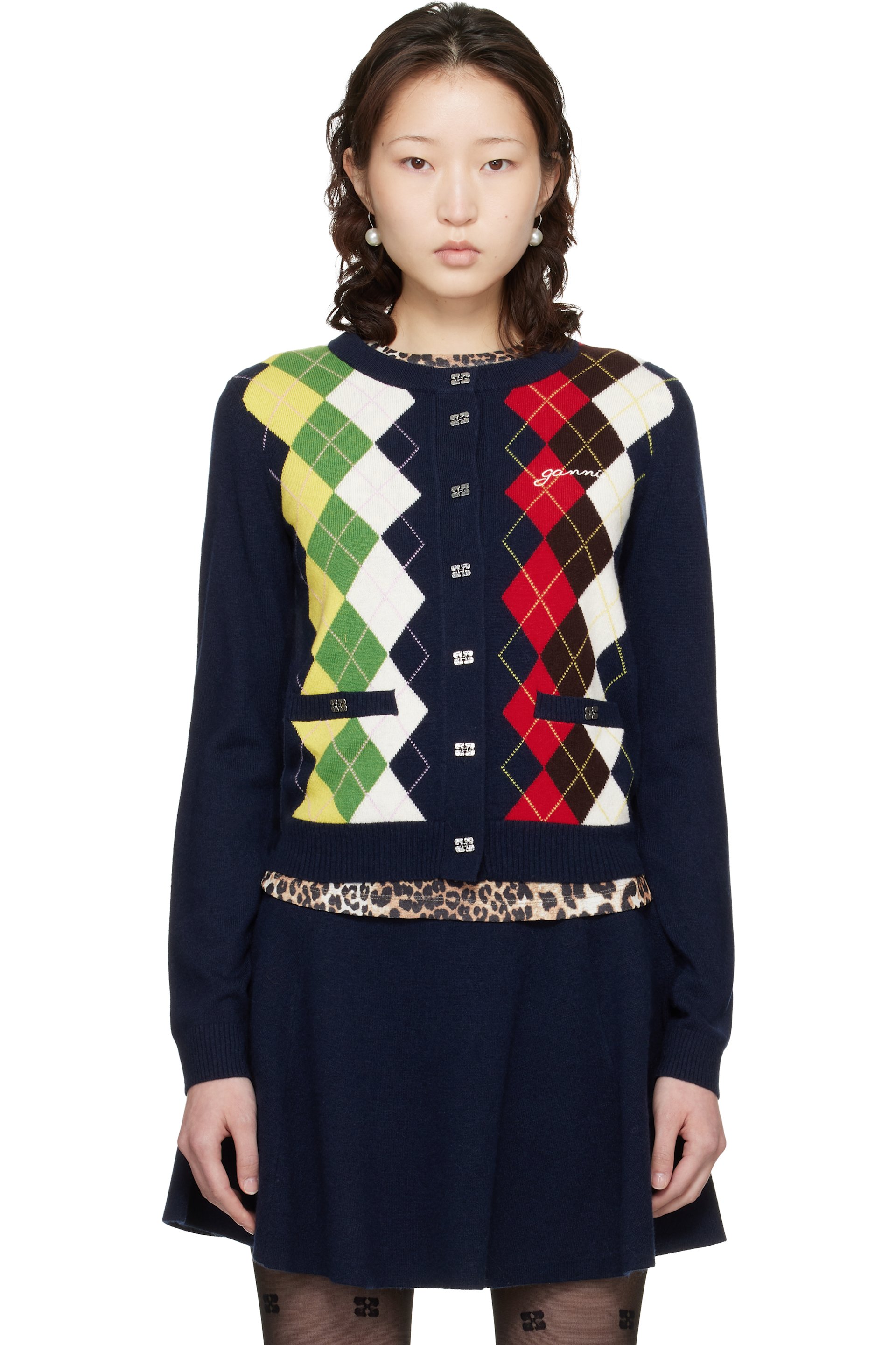 GANNI - Cardigan bleu marine à motif argyle