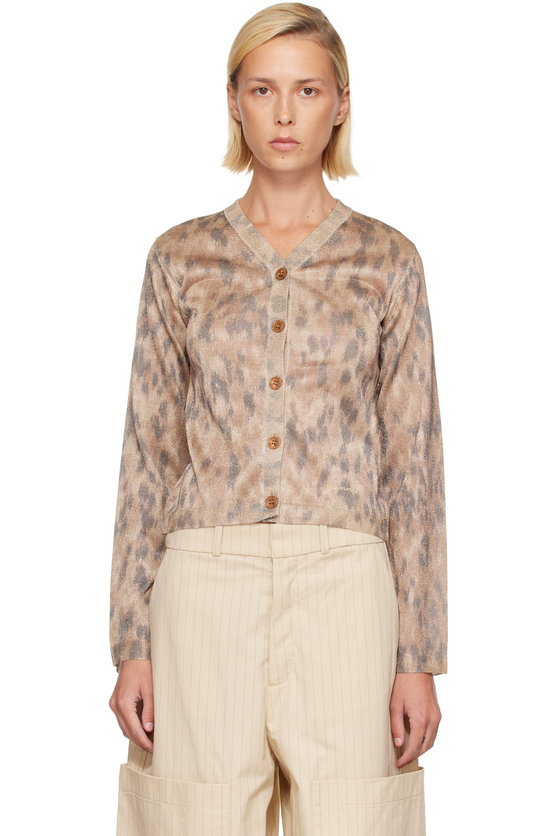 GANNI - Beige Printed Metallic Cardigan