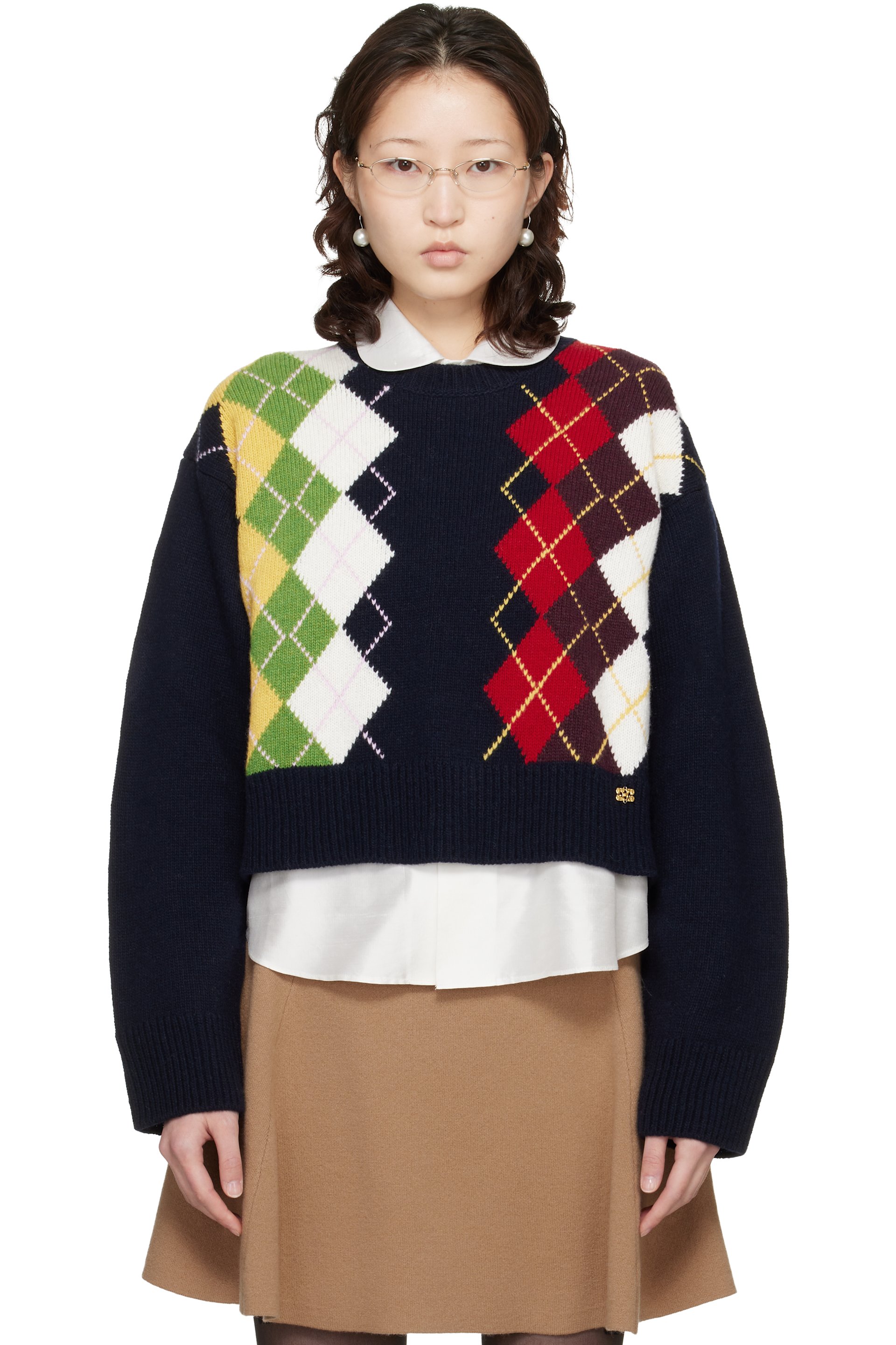 GANNI - Pull bleu marine en tricot de laine mélangée à motif argyle