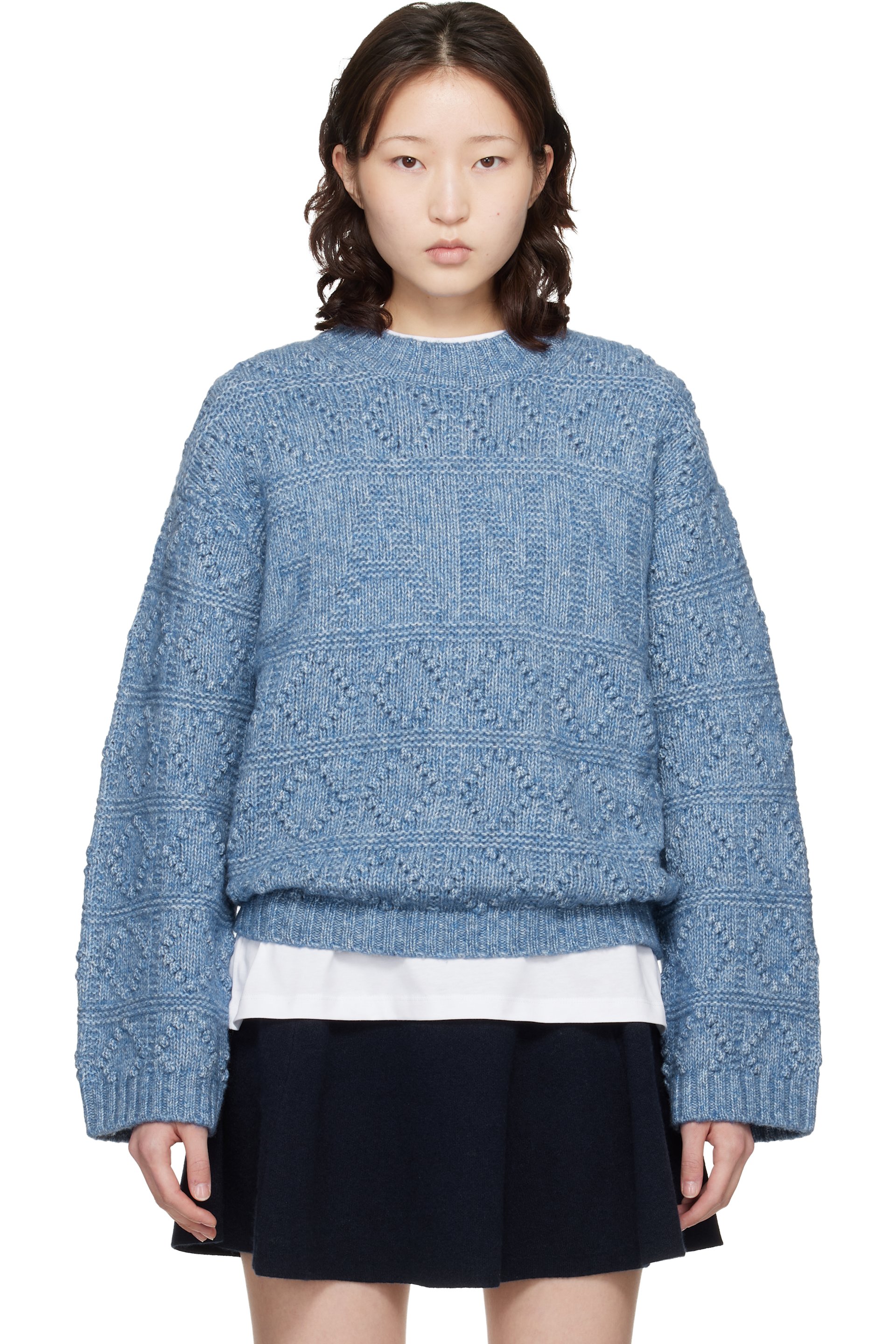 GANNI - Pull bleu en tricot bulle de laine et coton