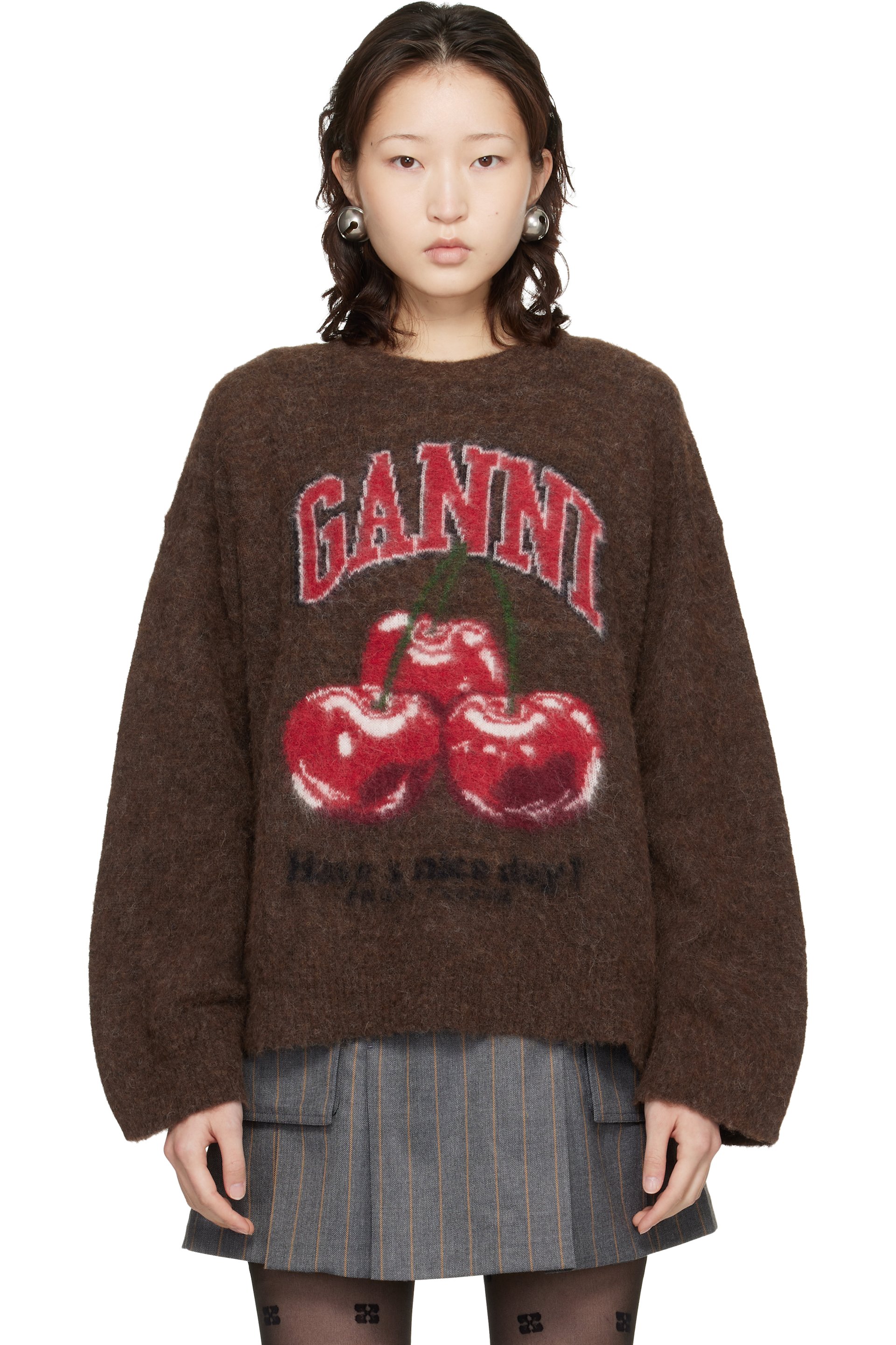 GANNI - Pull surdimensionné brun en tricot brossé d'alpaga à image