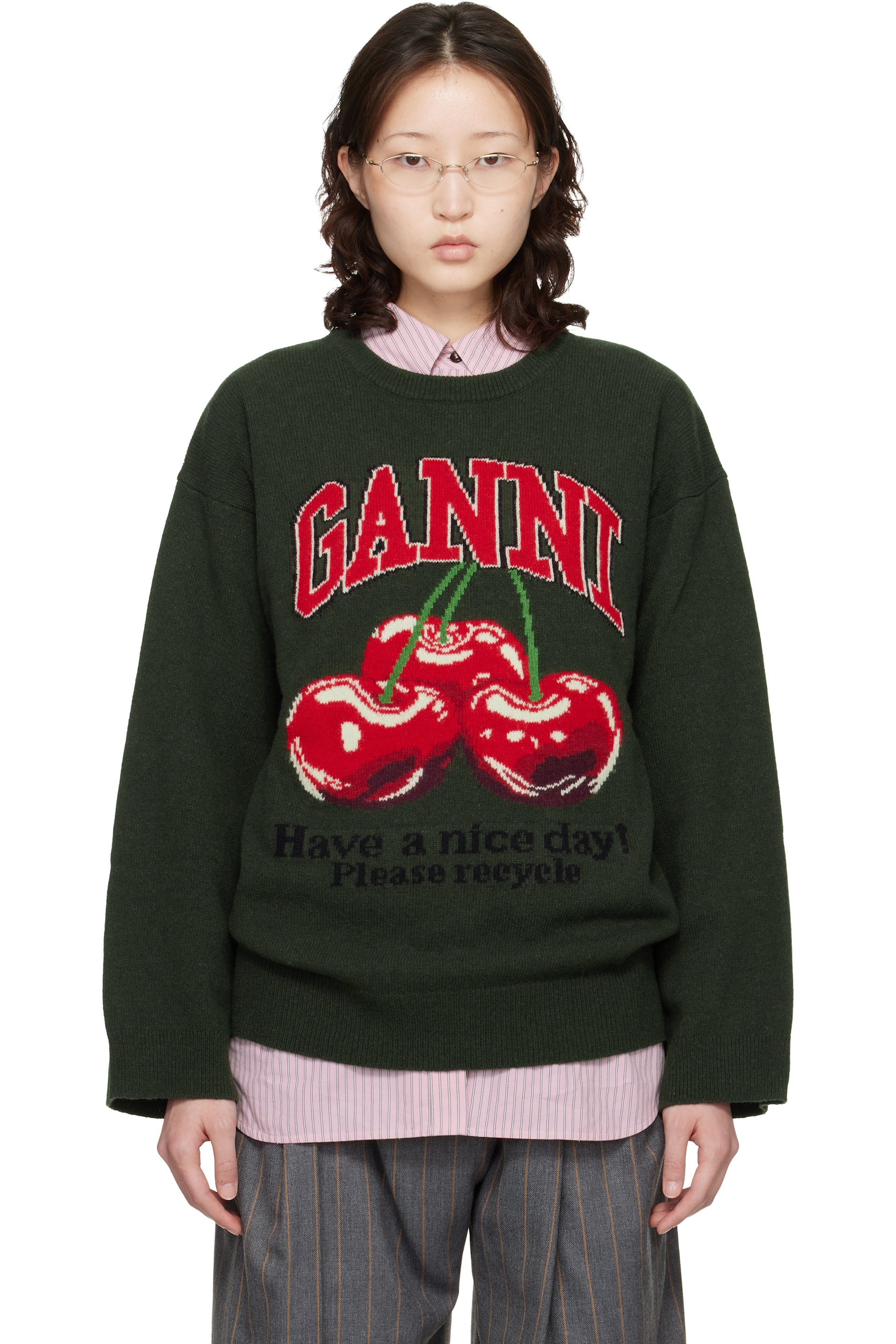 GANNI - Pull surdimensionné vert à image