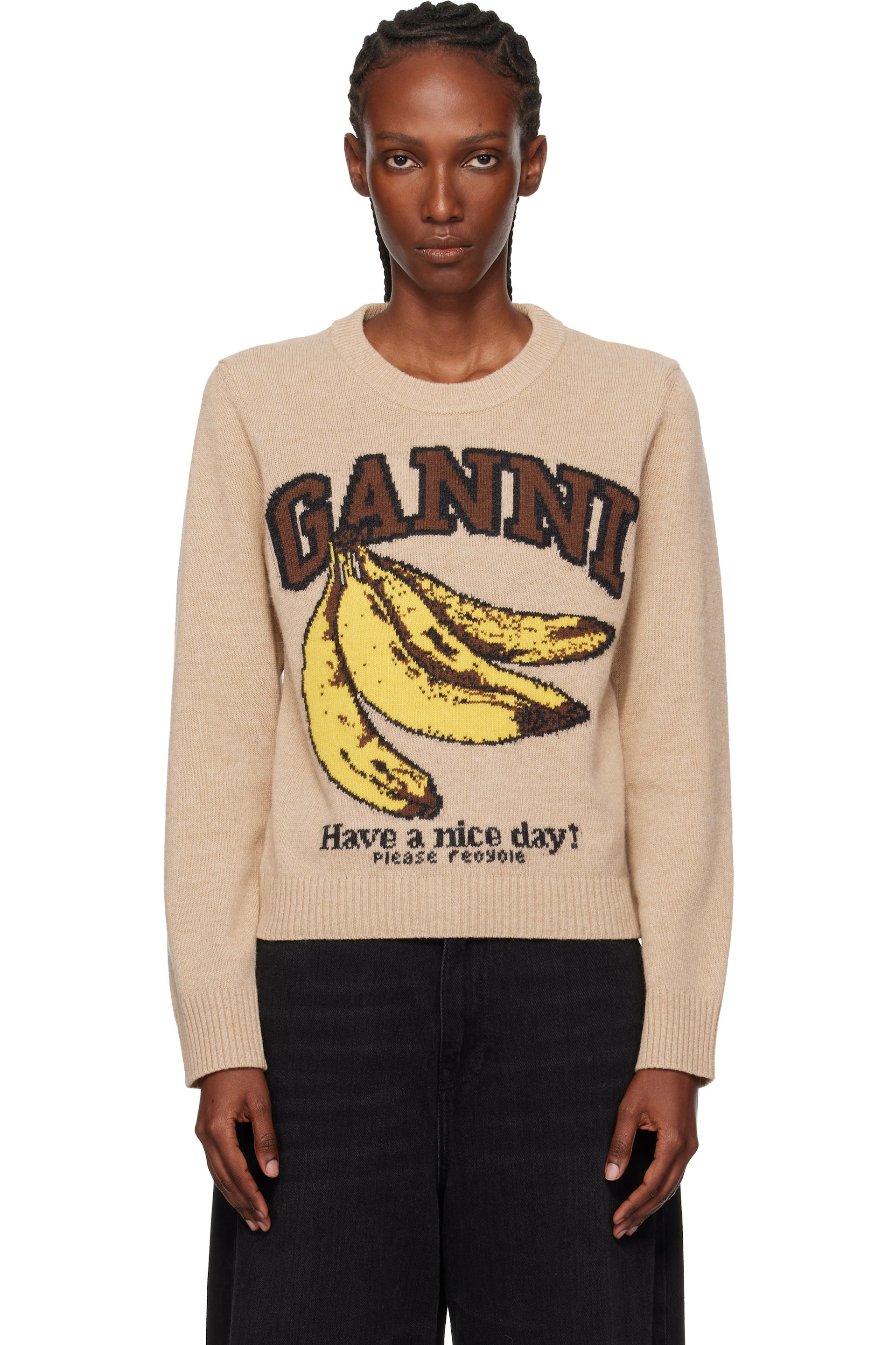 GANNI - Pull beige en laine à image