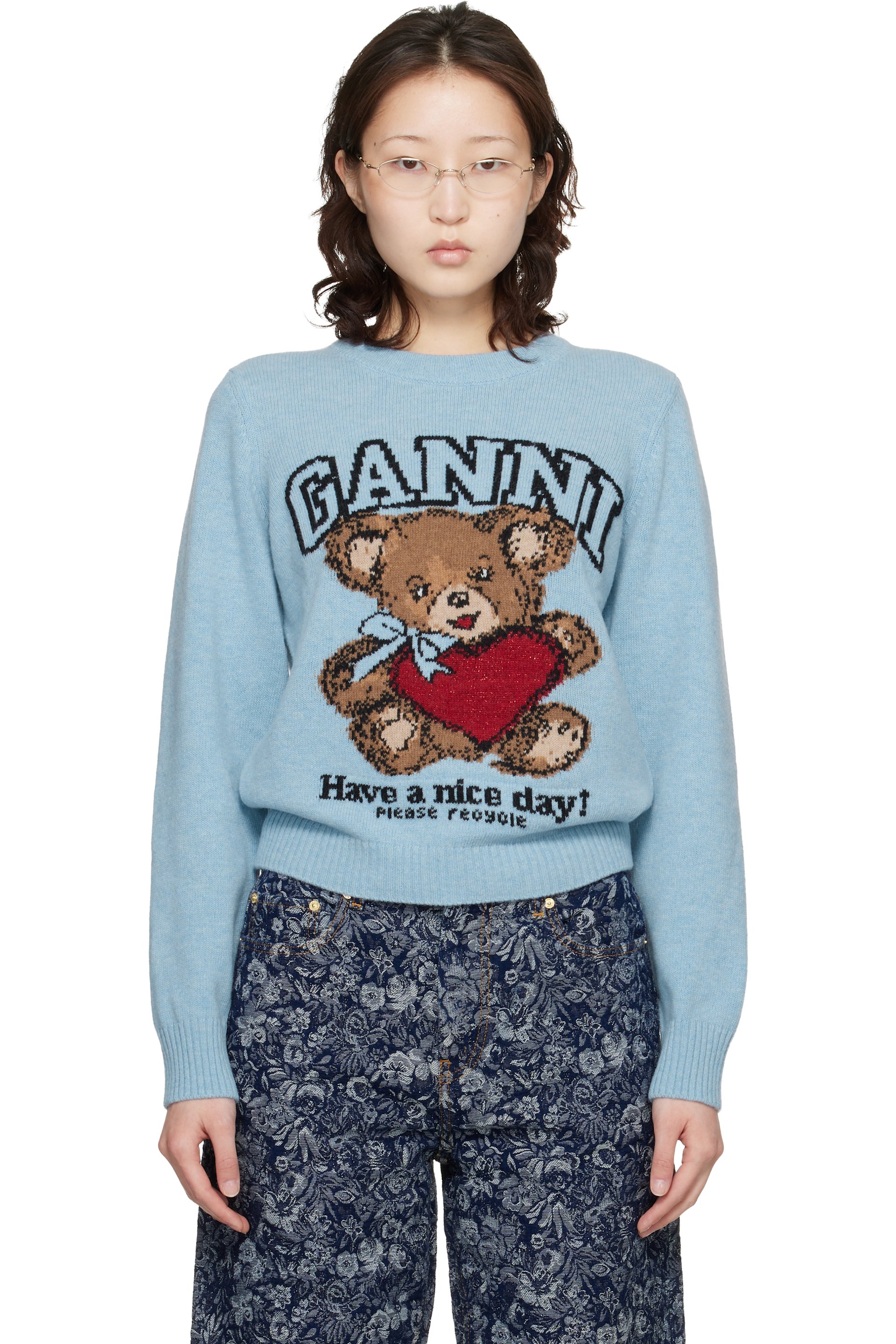 GANNI - Pull bleu en laine à image