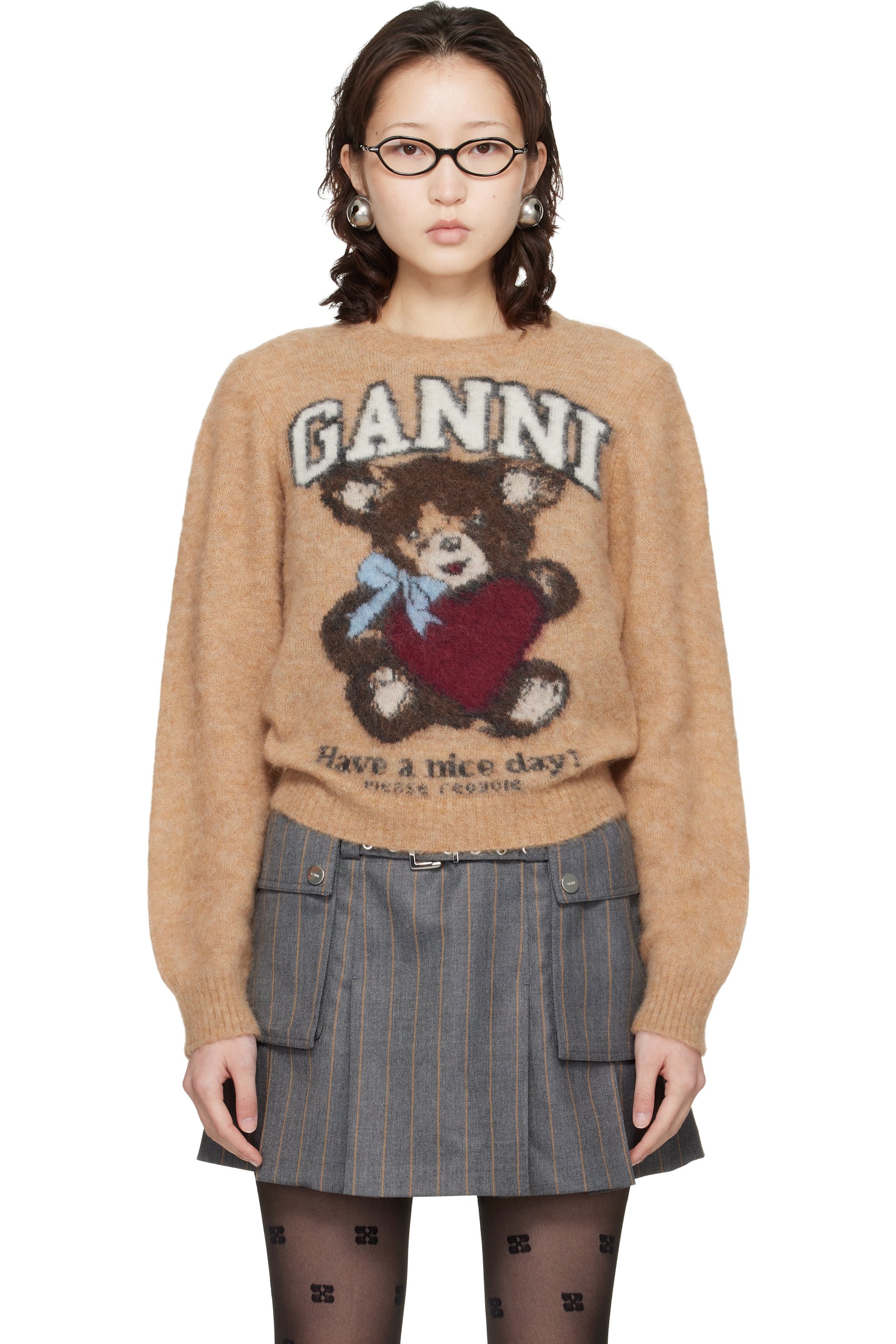GANNI - Pull beige en tricot brossé d'alpaga