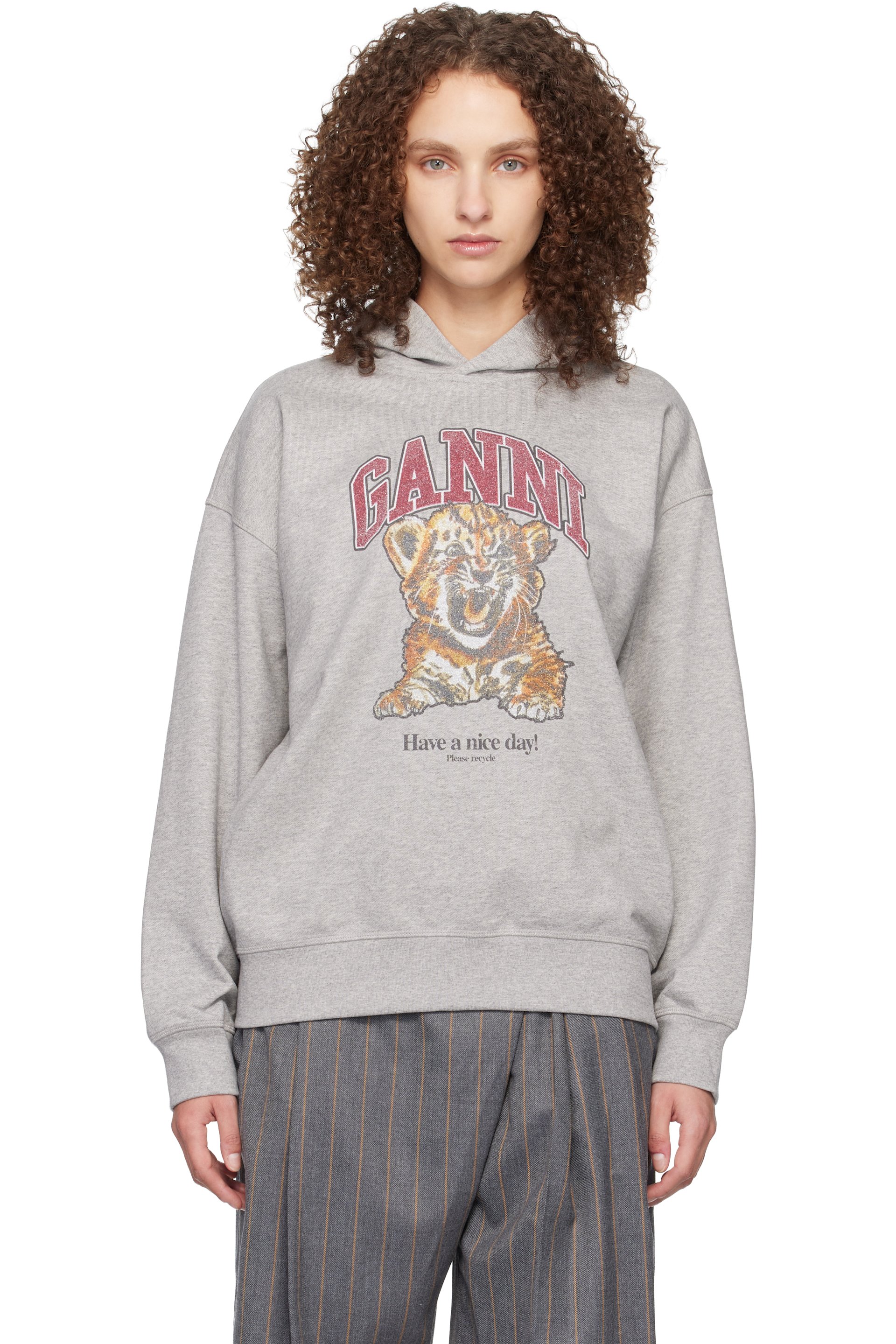 GANNI - Pull à capuche gris à image de tigre