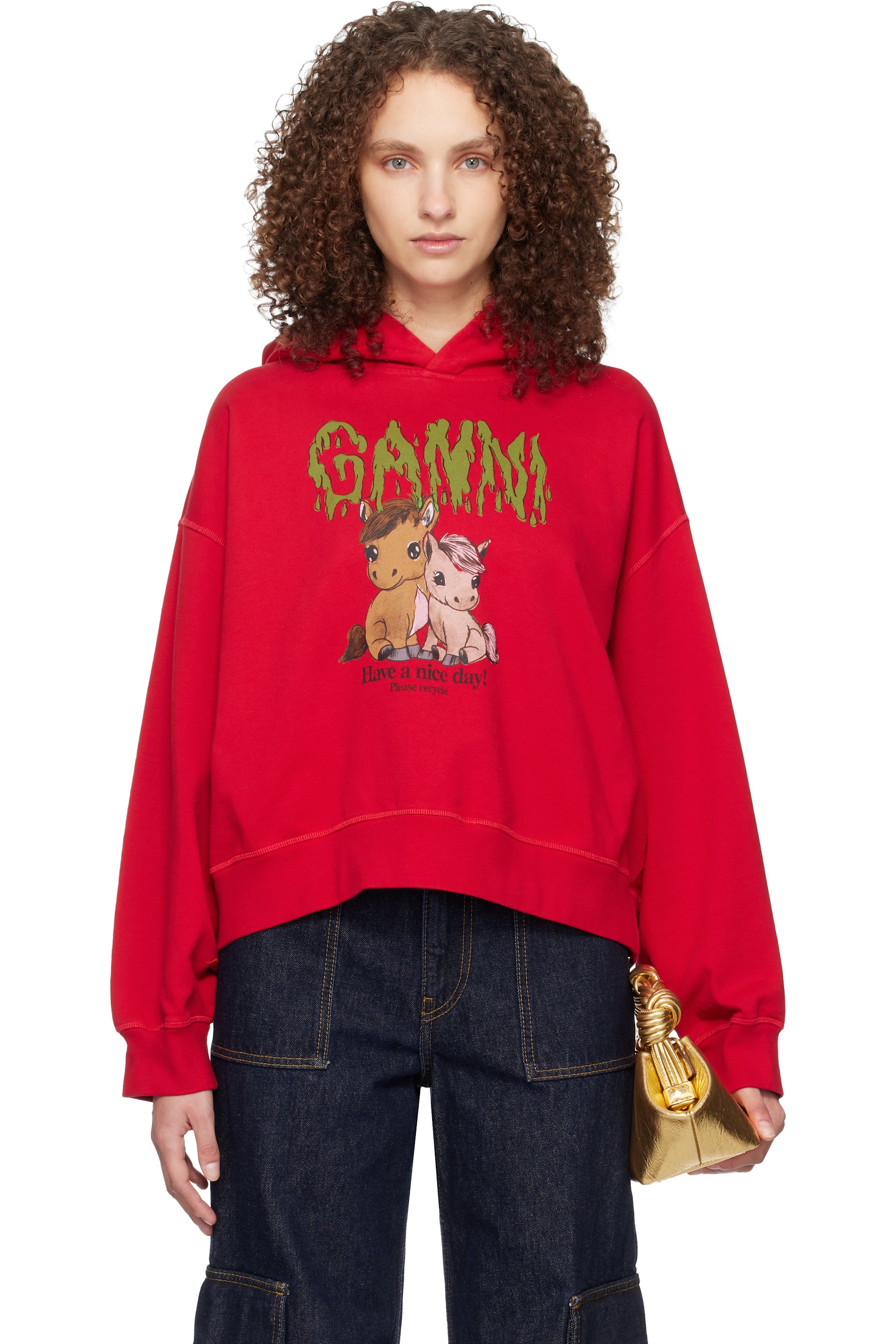 GANNI - Pull à capuche écourté rouge à image