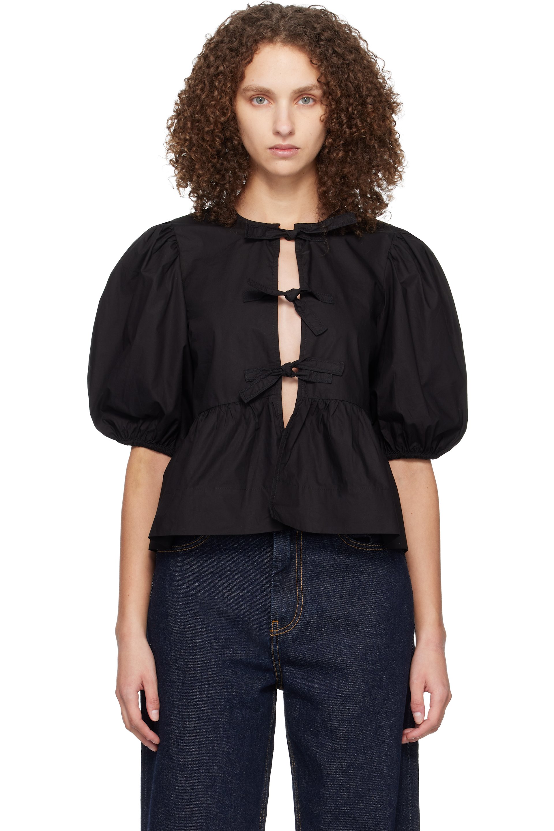 GANNI - Black Cotton Poplin Peplum Tie Blouse