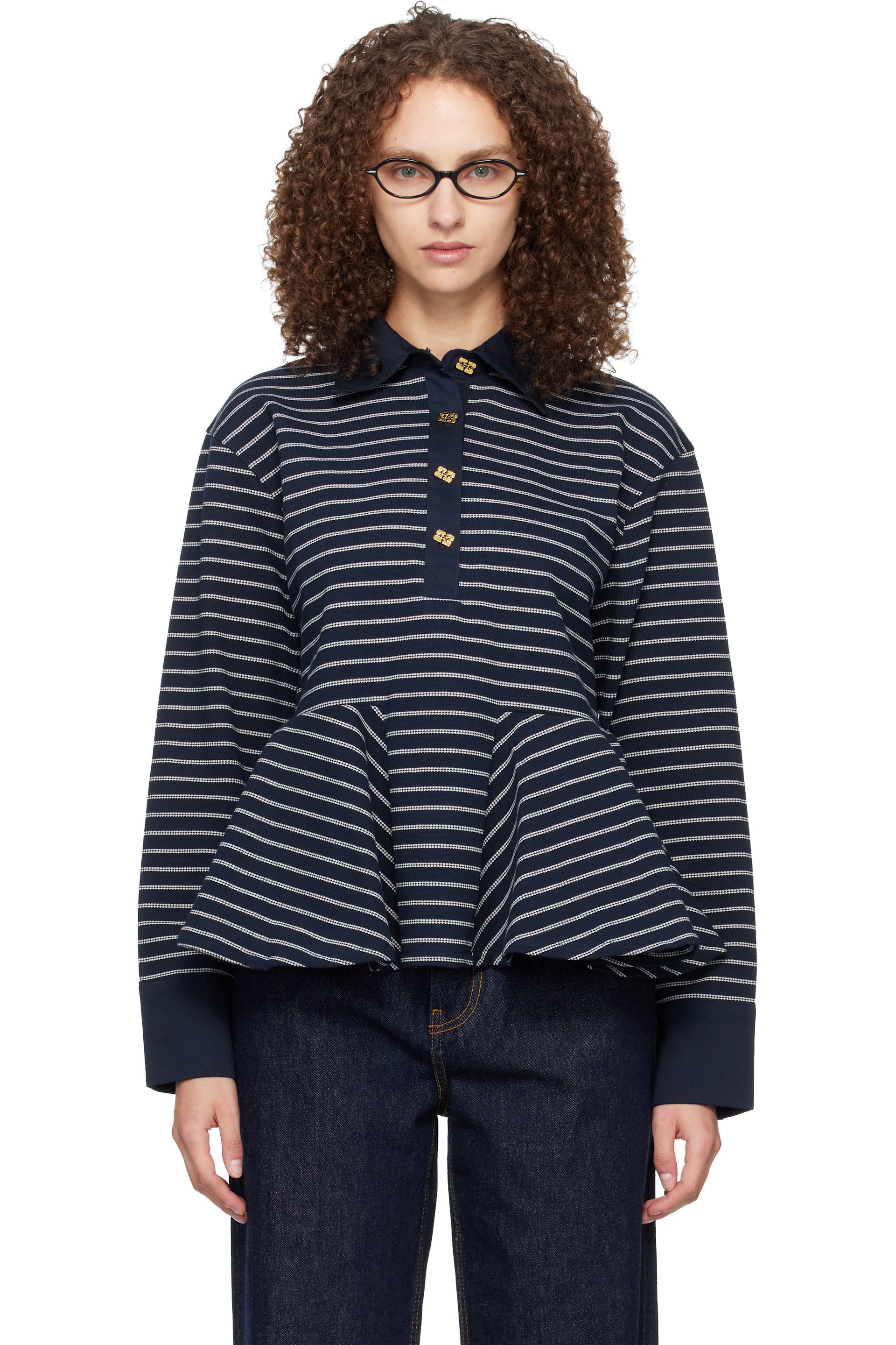 GANNI - Polo bleu marine en piqué interlock à basque