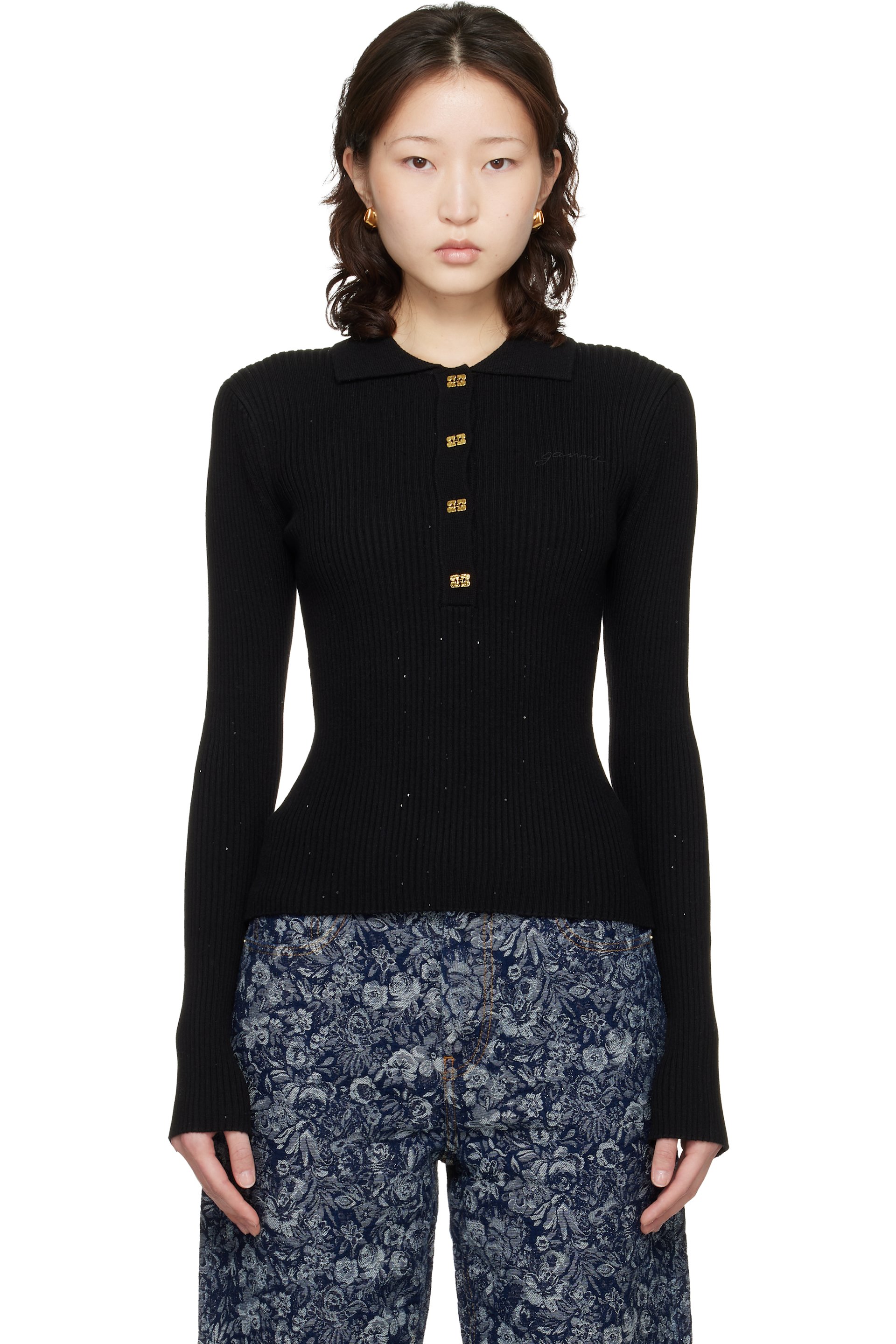 GANNI - Polo noir en tricot à paillettes