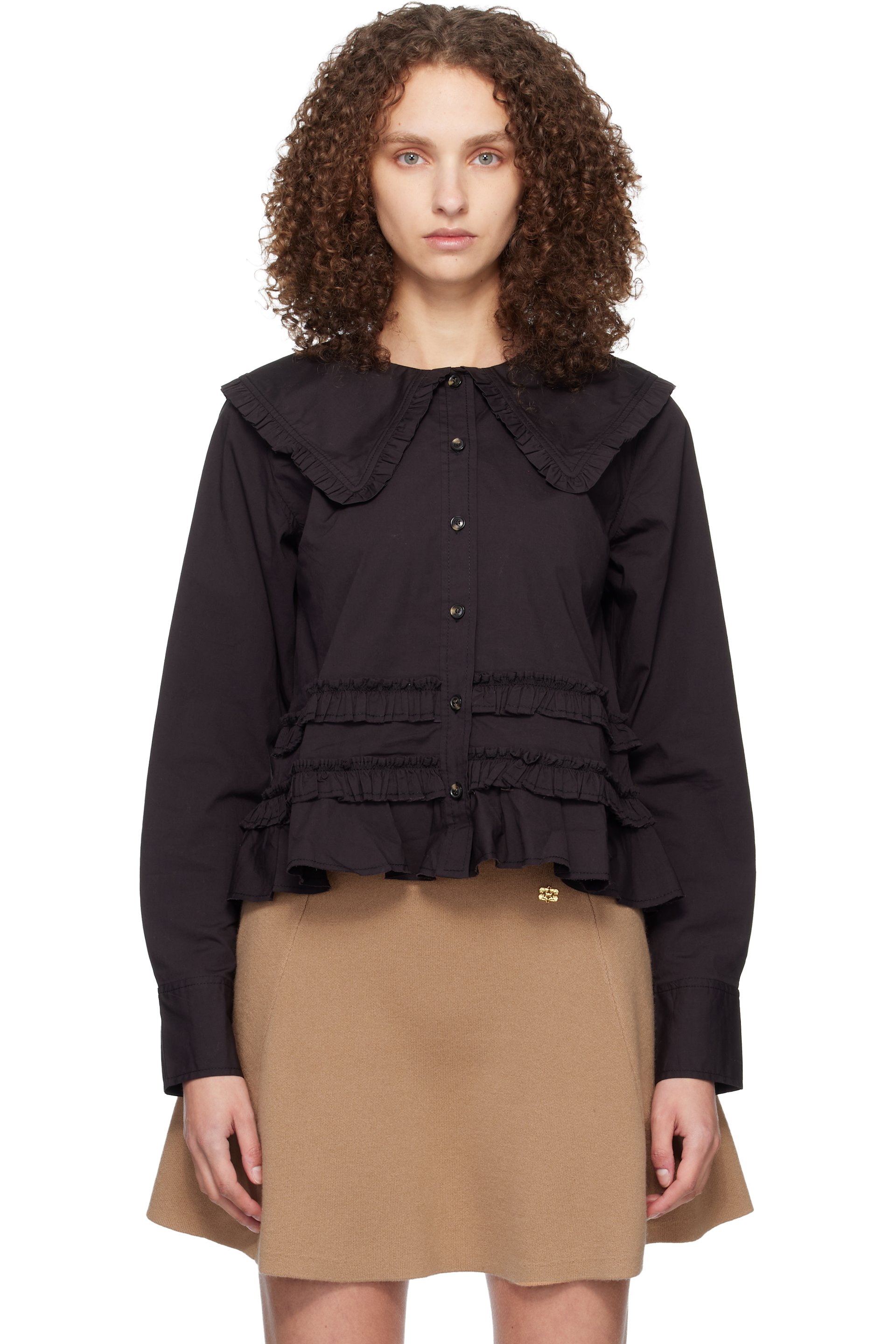GANNI - Chemise noire en coton à volants