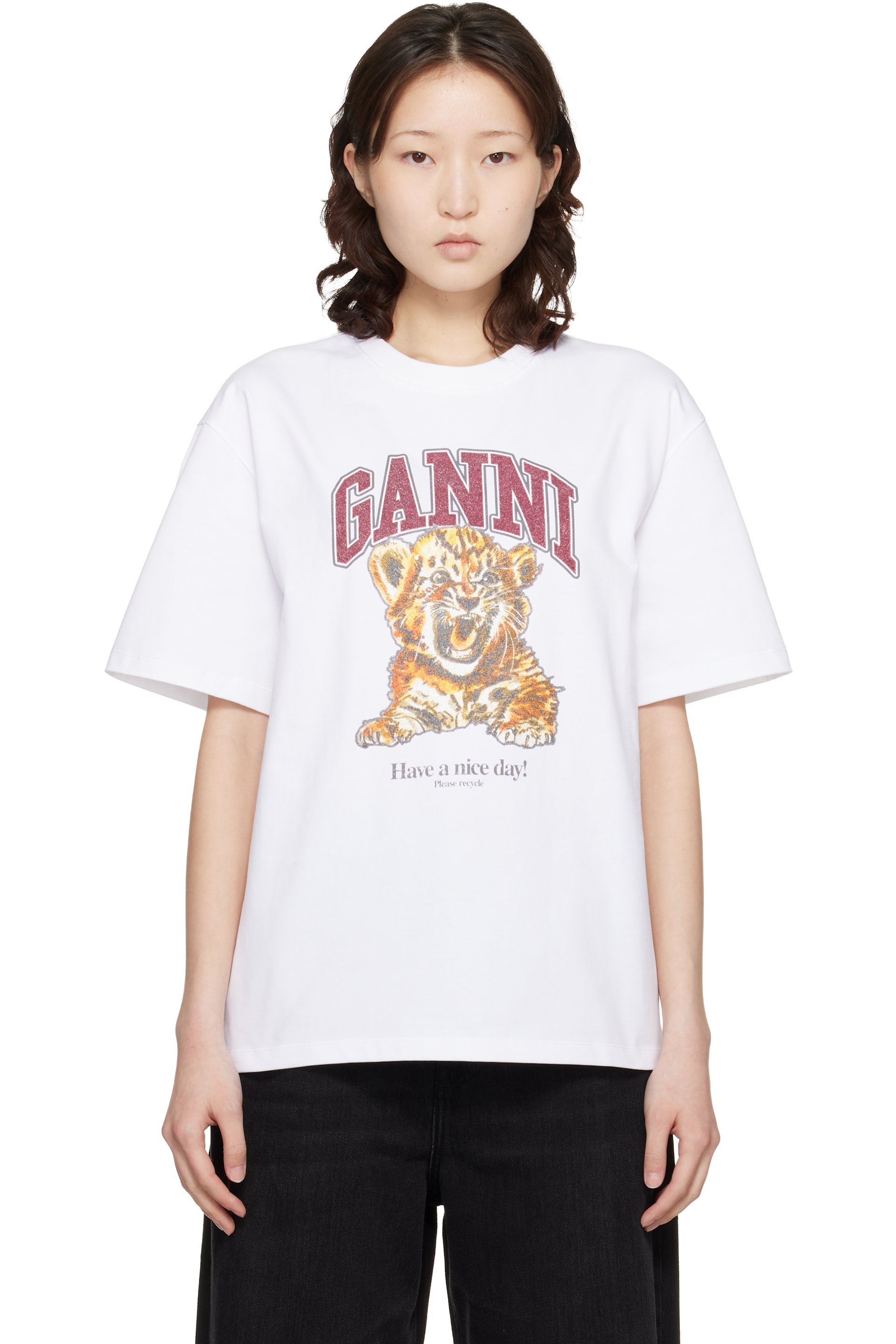 GANNI - Tigre emblématique blanc avec image à logo à perles