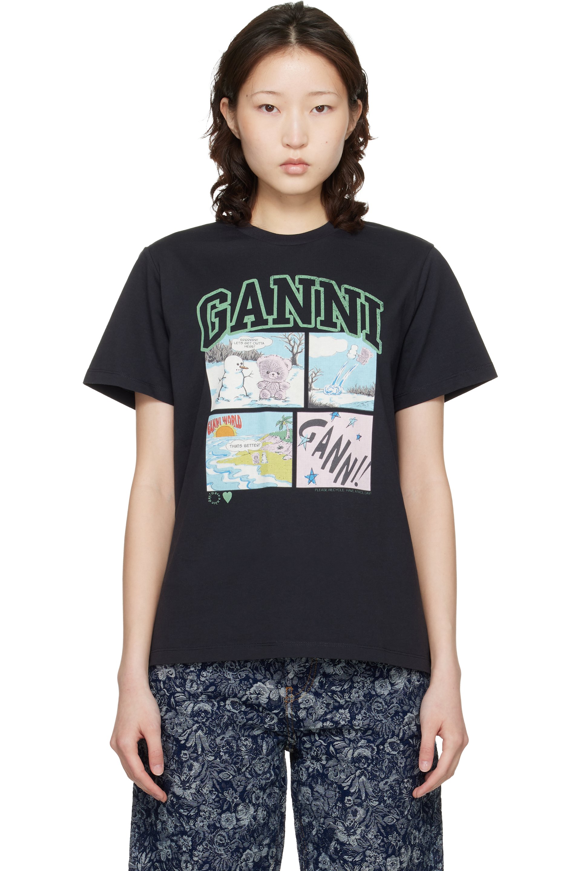 GANNI - T-shirt noir en jersey de coton à images