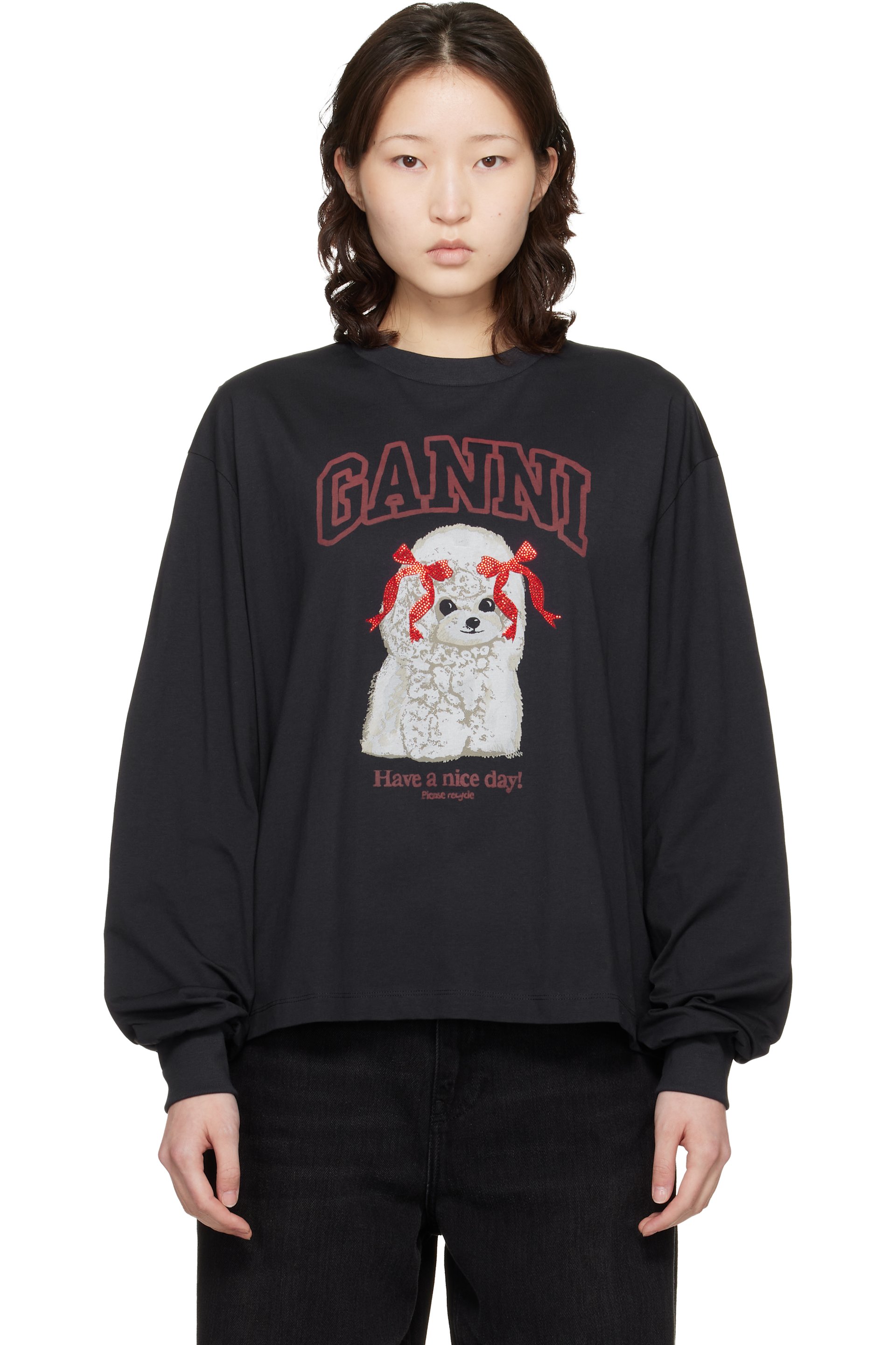 GANNI - T-shirt à manches longues noir à image à logo