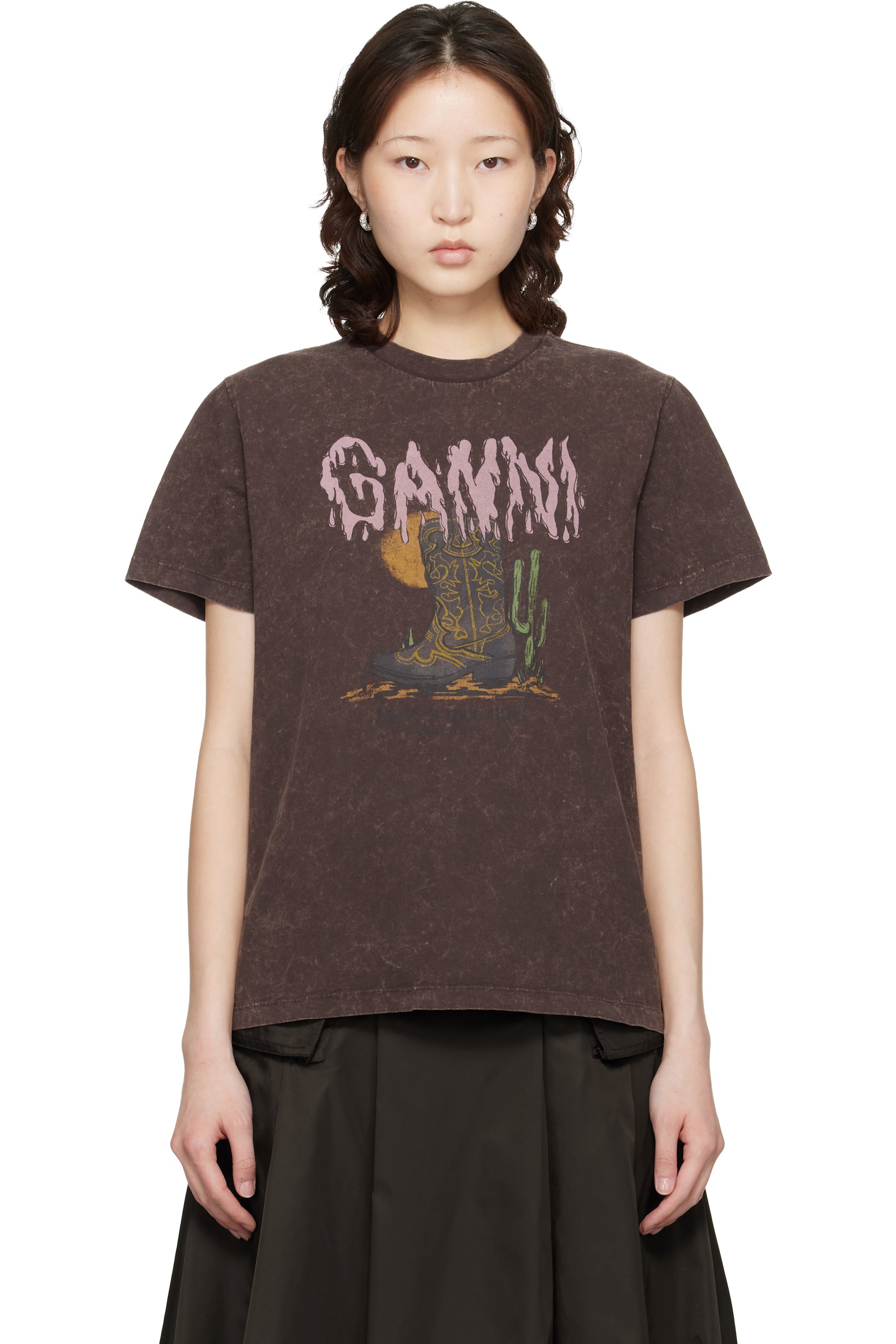 GANNI - T-shirt rétro brun à effet délavé