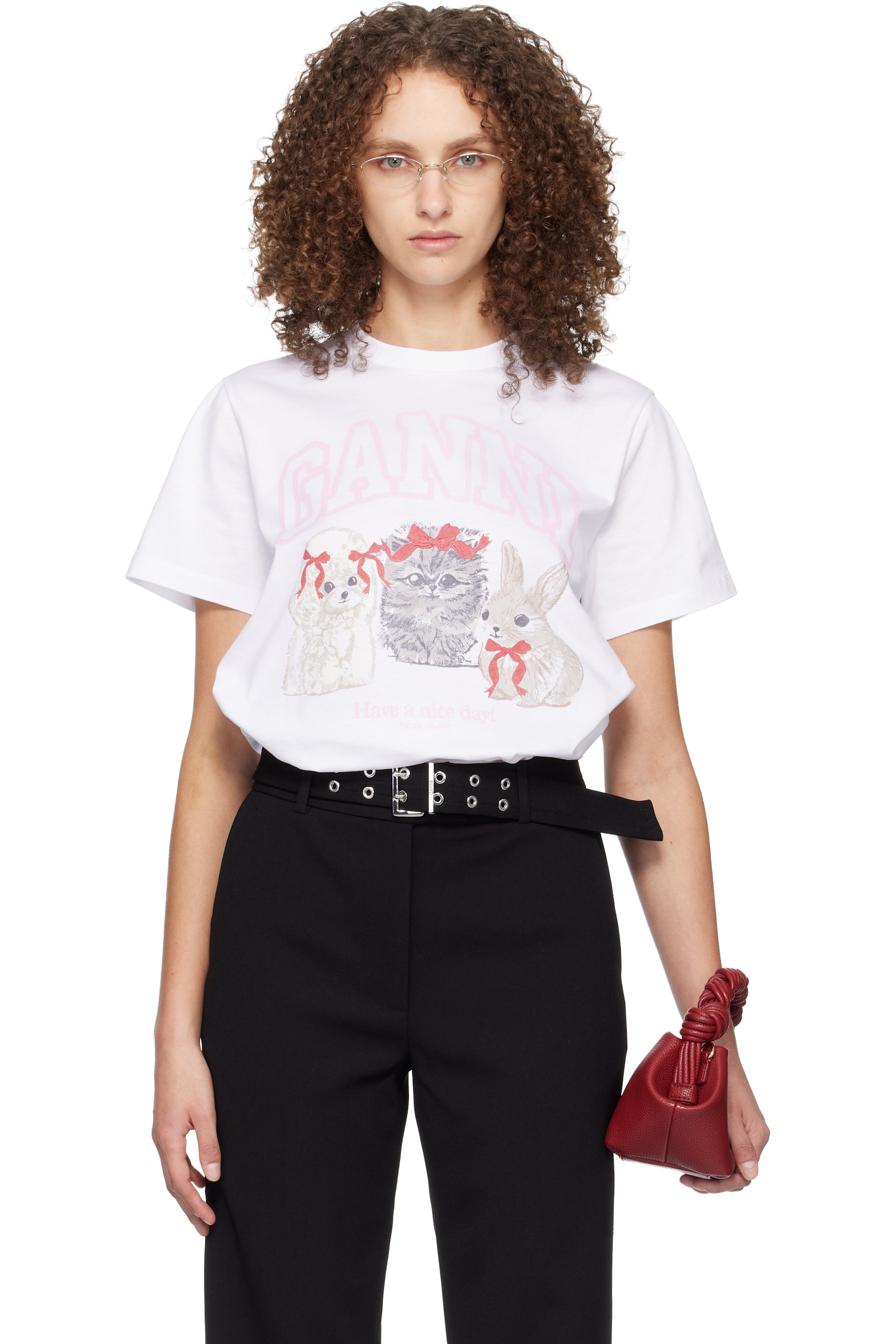 GANNI - White Animals Print T-shirt