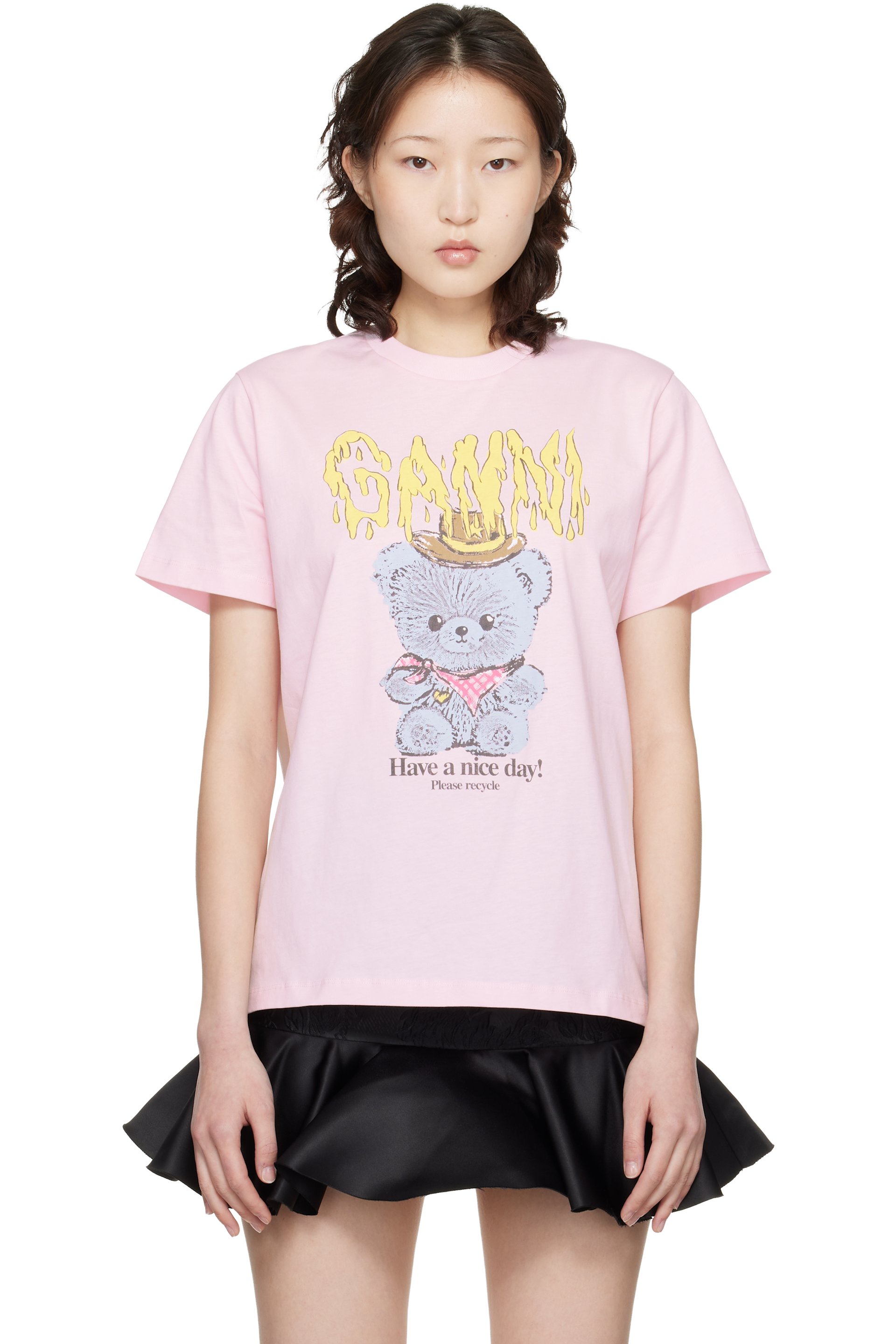 GANNI - T-shirt rose en jersey de coton à image imprimée