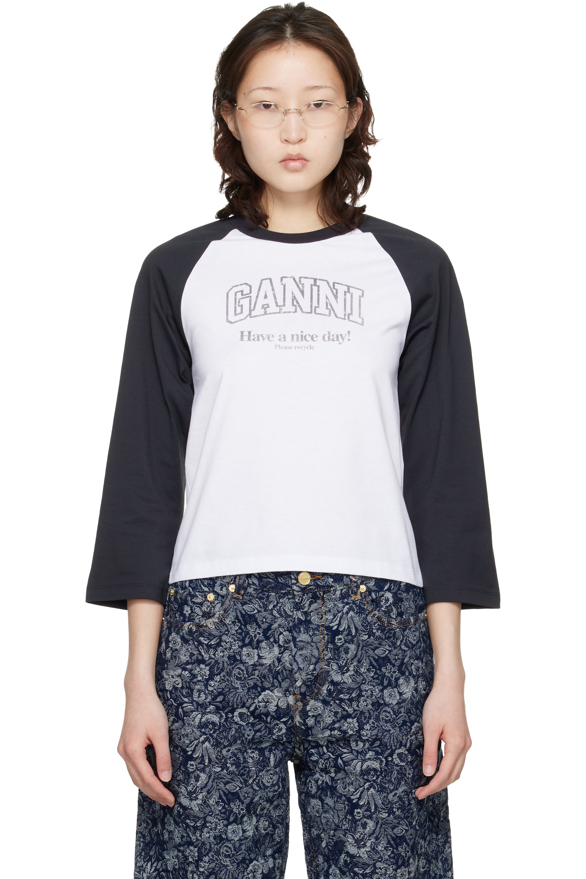 GANNI - T-shirt de baseball blanc et noir en jersey
