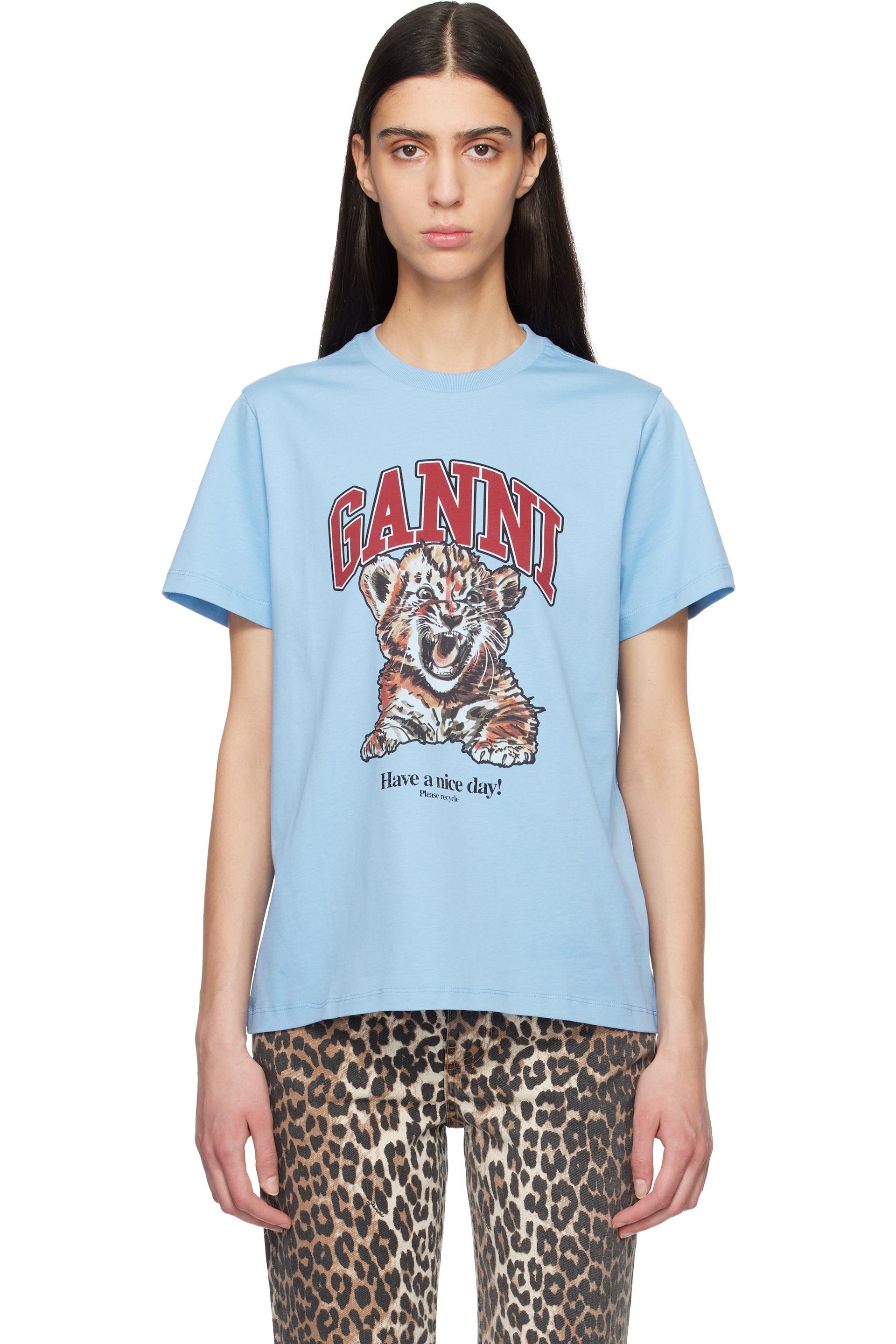 GANNI - T-shirt décontracté bleu en jersey à image de tigre