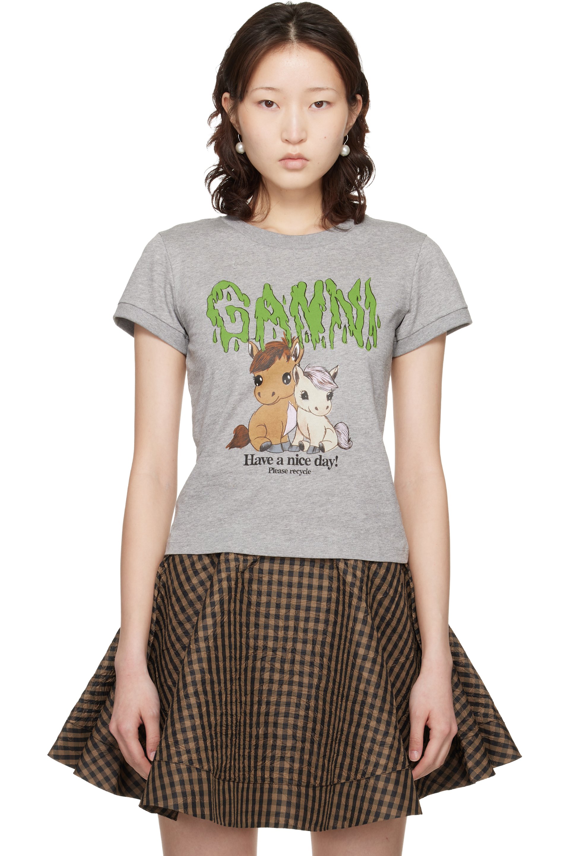 GANNI - T-shirt gris en coton à image