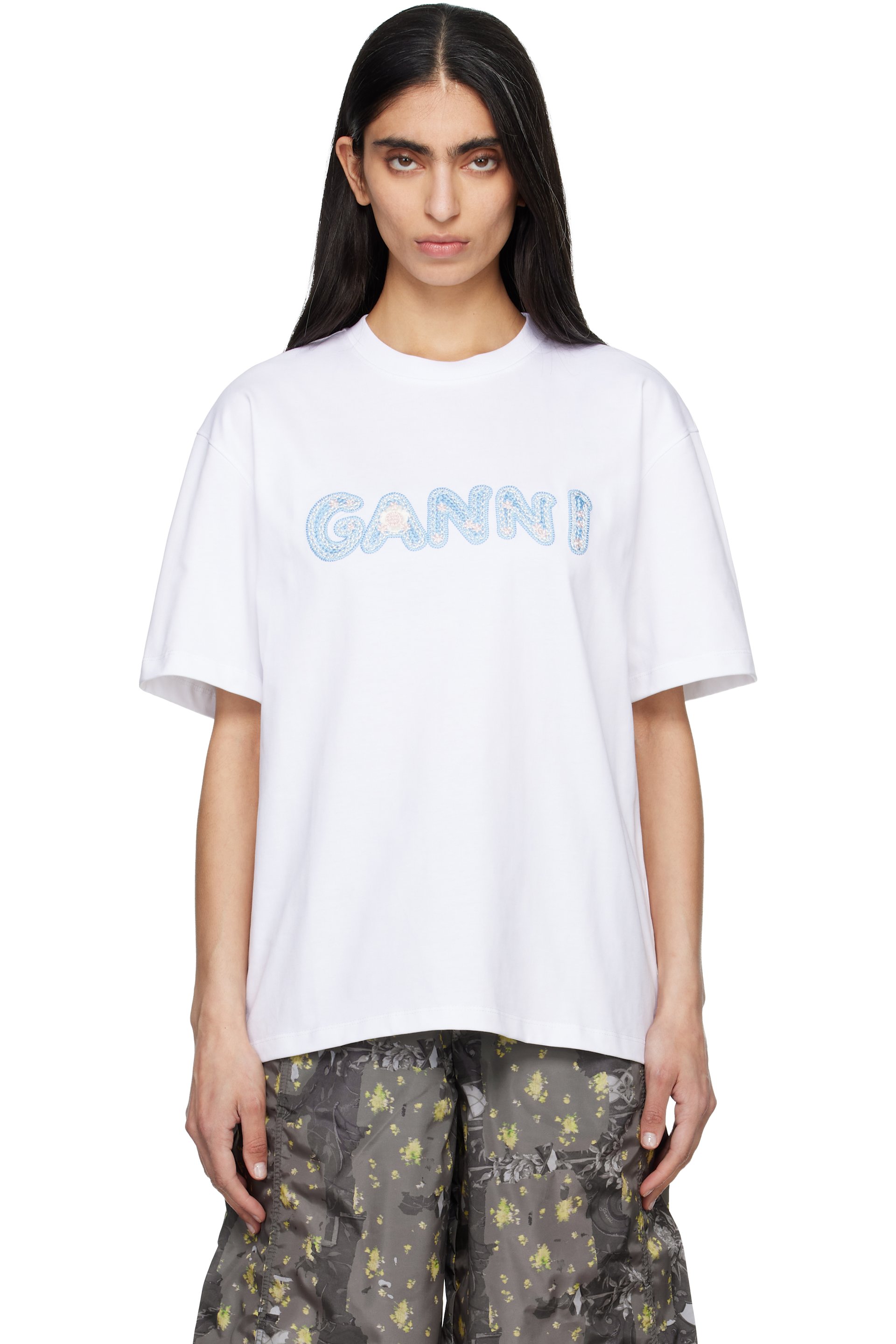 GANNI - T-shirt décontracté blanc en coton épais à logo