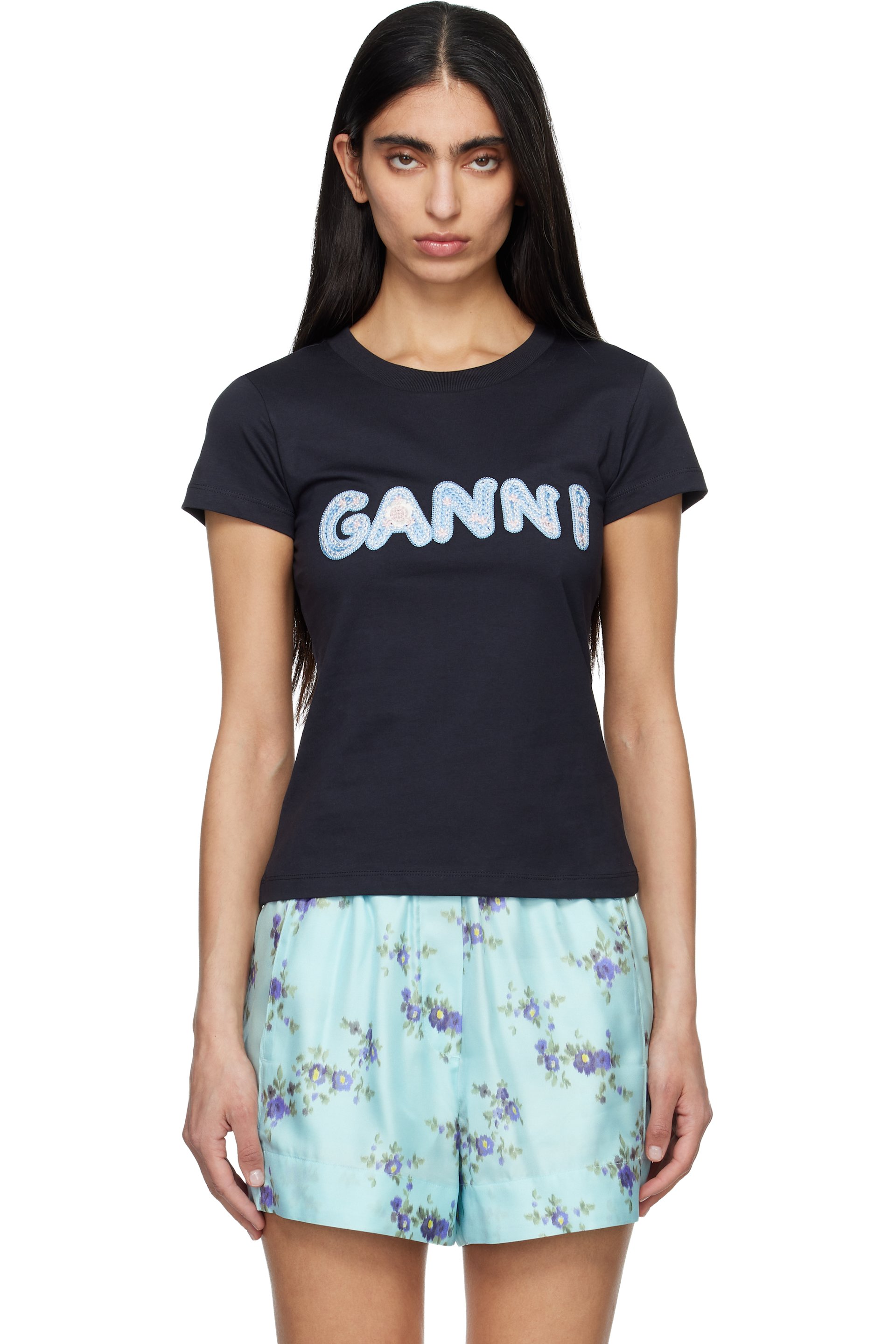 GANNI - Micro t-shirt noir à logo