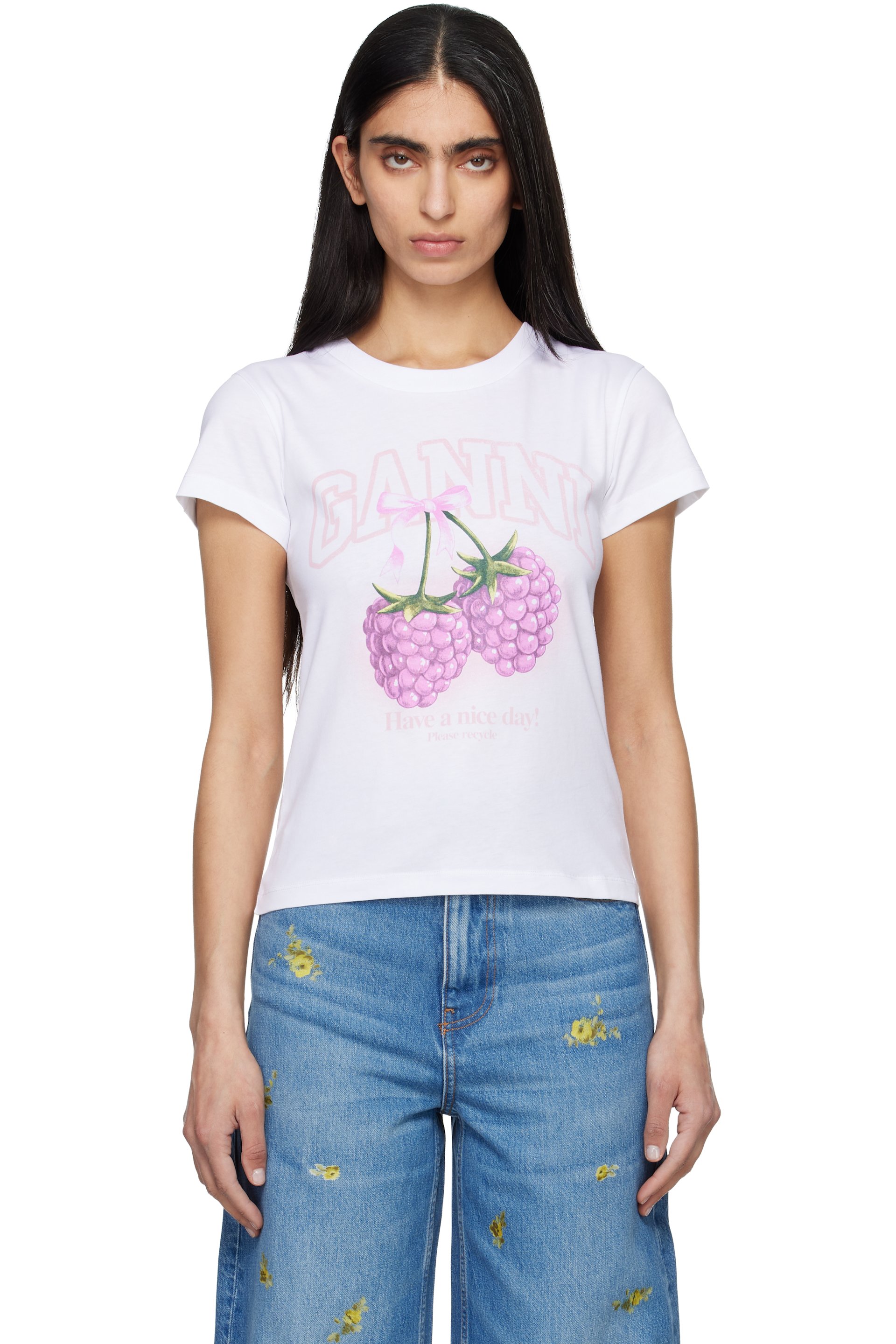 GANNI - Micro t-shirt blanc à image