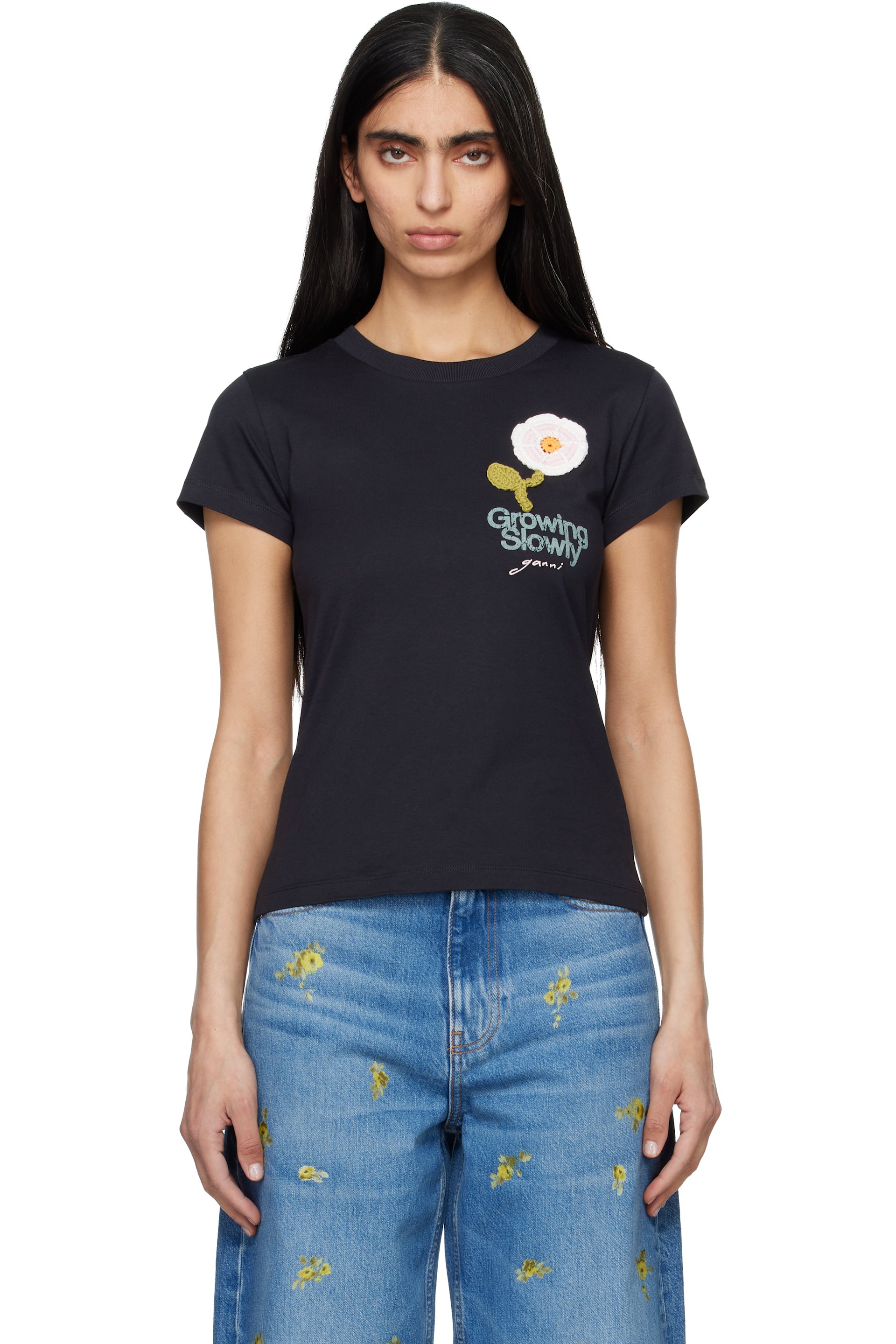 GANNI - Micro t-shirt noir à image