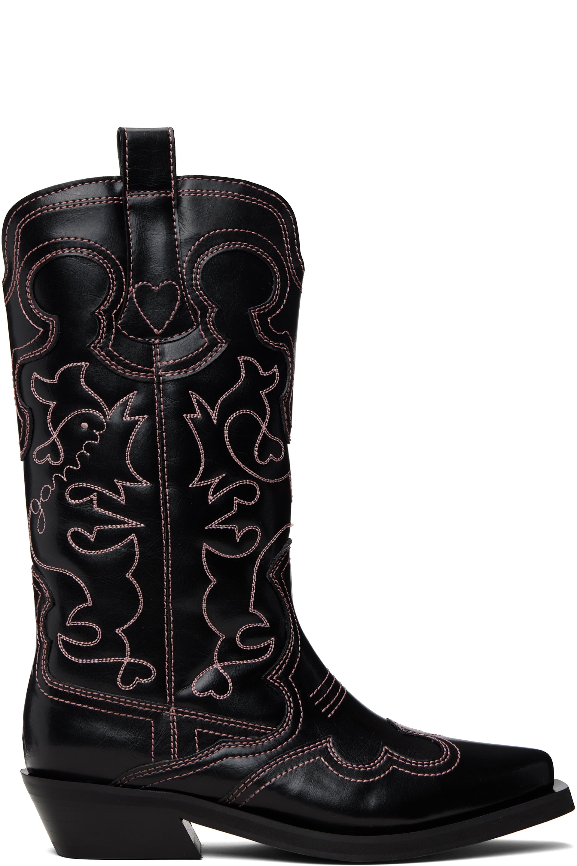 GANNI - Bottes western hauteur mi-mollet noires à ornements brodés