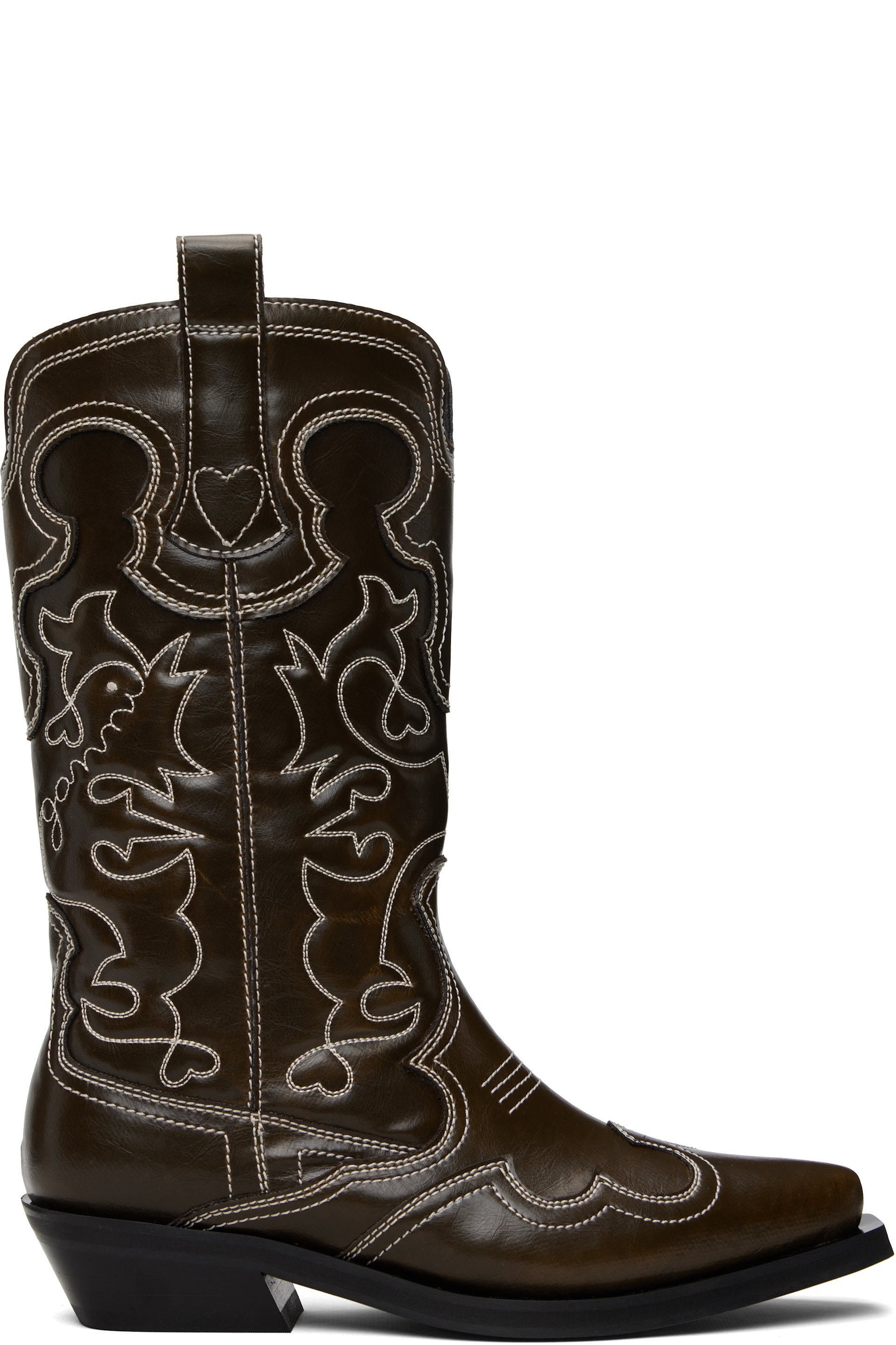 GANNI - Bottes western hauteur mi-mollet brunes à ornements brodés