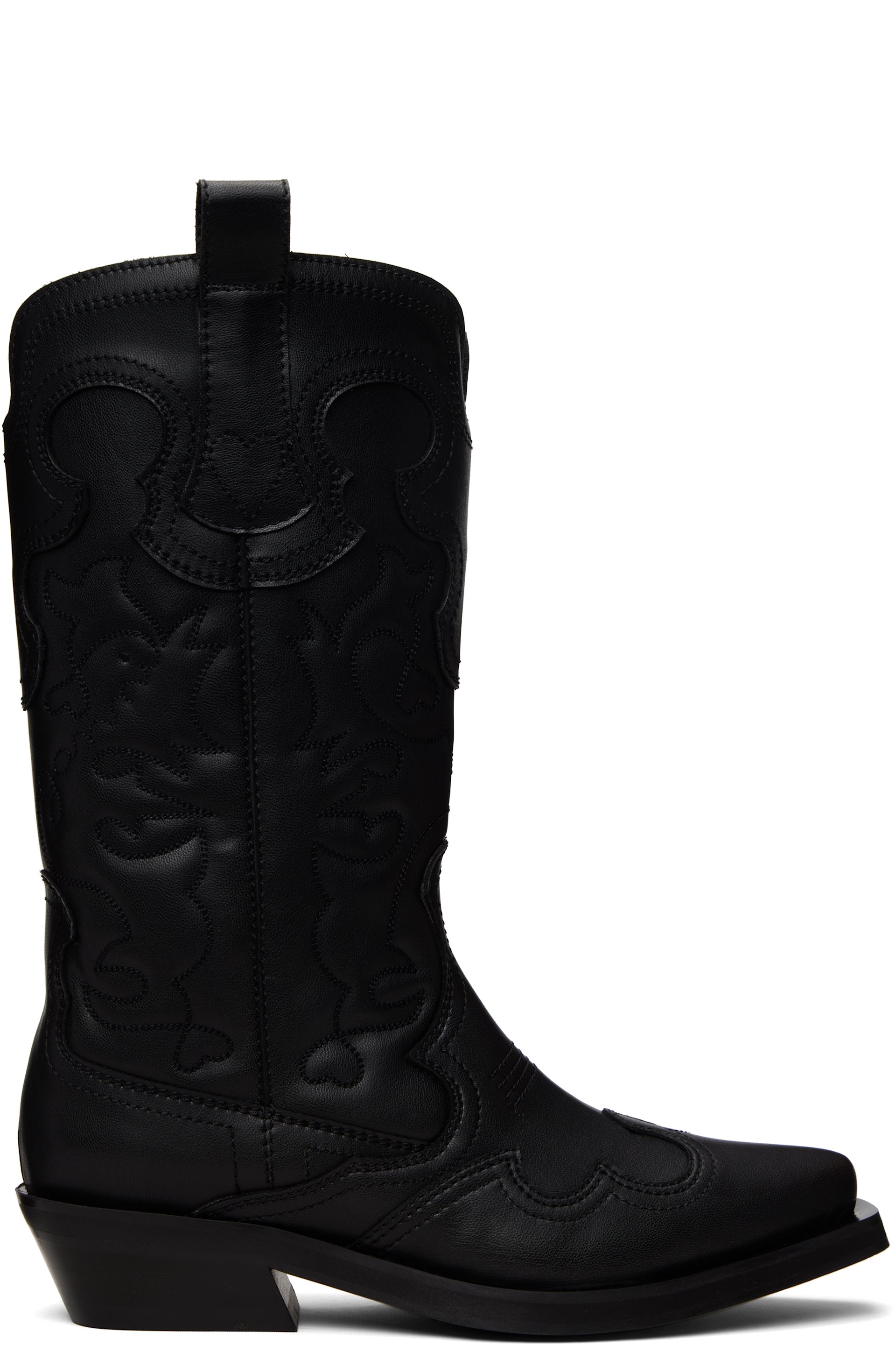 GANNI - Black Mid Shaft Embroidered Western Boots
