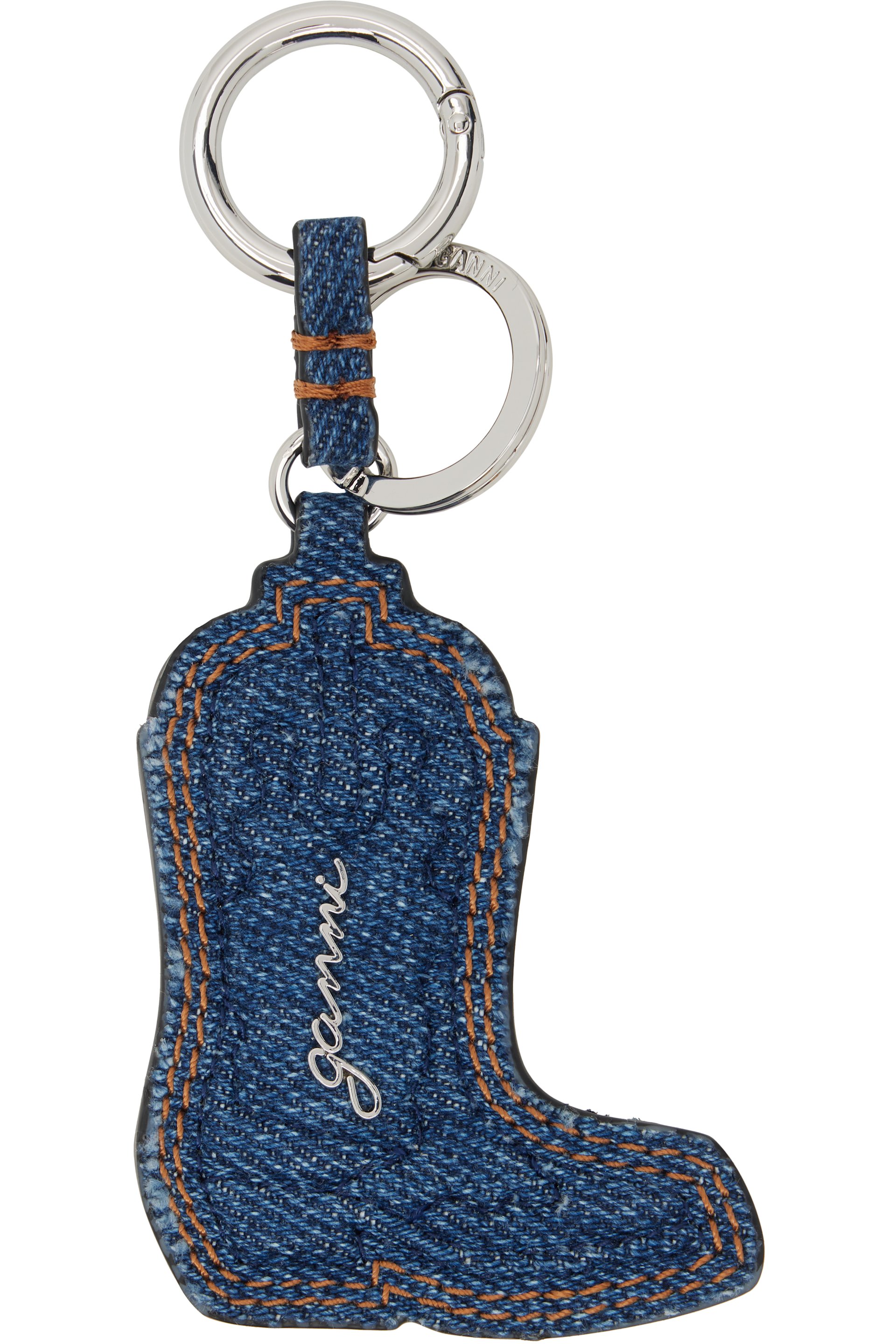 GANNI - Porteclé bleu marine en denim à breloque western