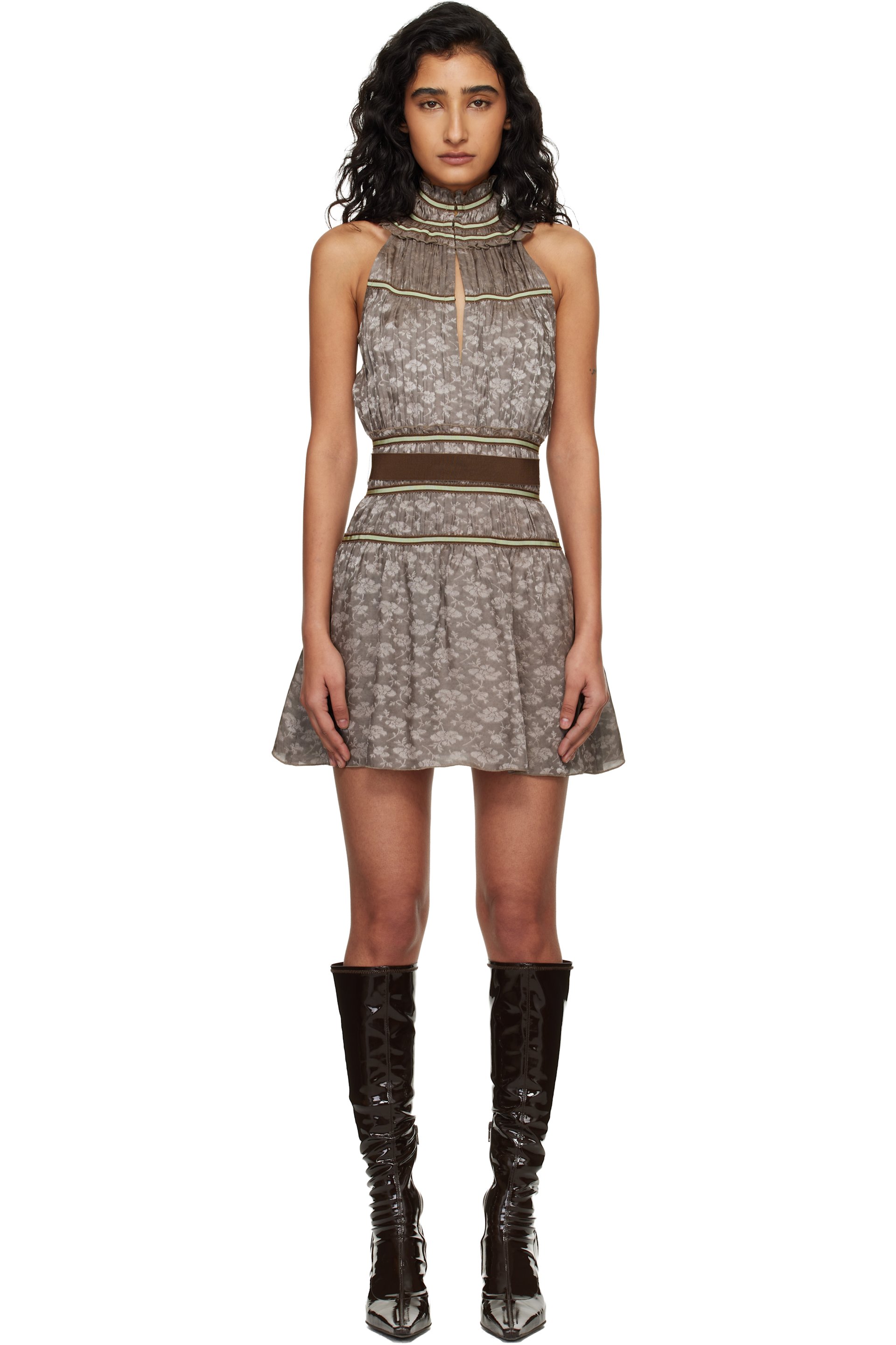 princess polly baby blue dress Abercrombie & Fitch long sleeve plunge neck wrap front mini dress in brown main image 0